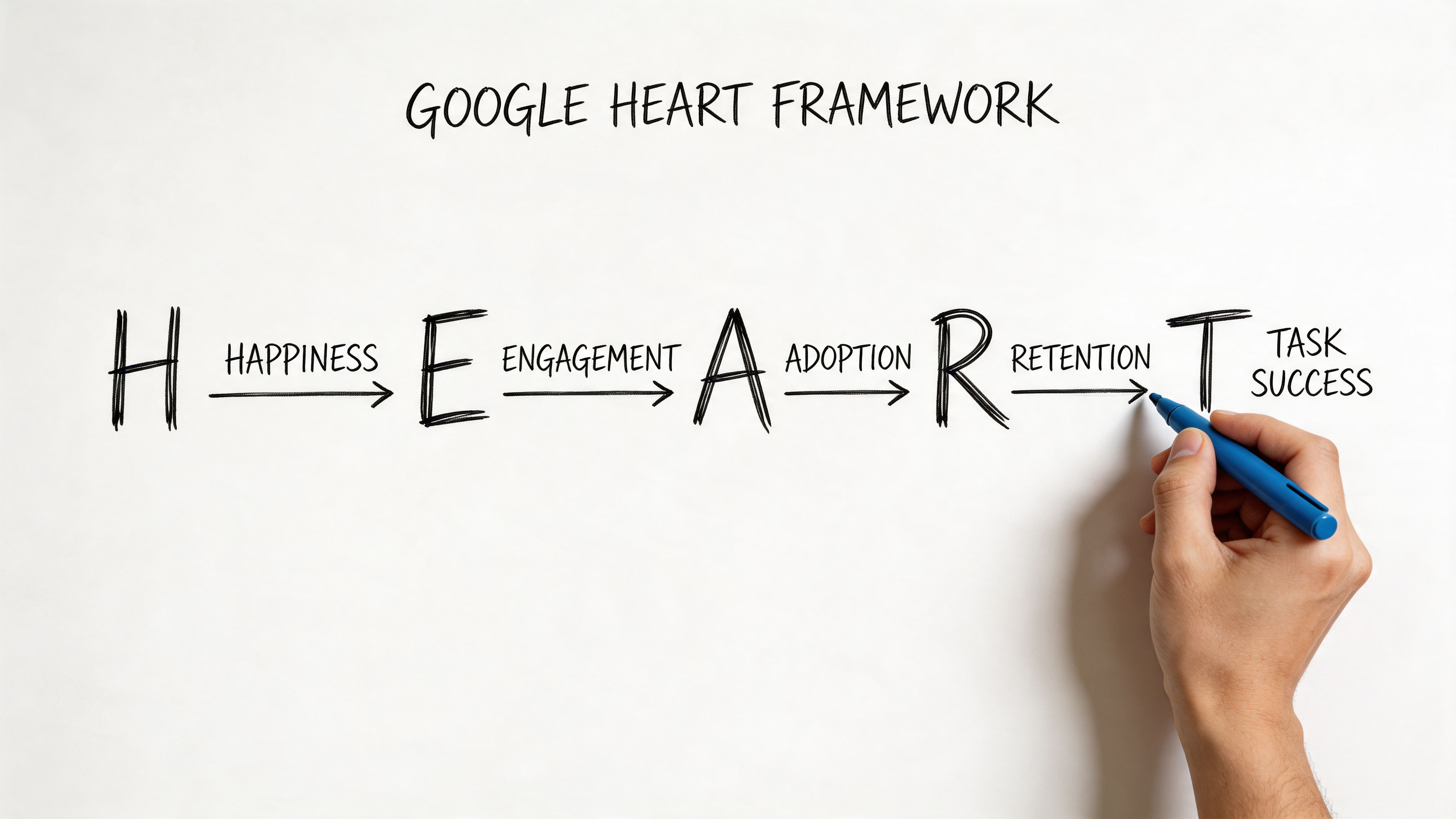 A hand drawing the Google HEART framework on a white board, illustrating user experience measurement metrics.