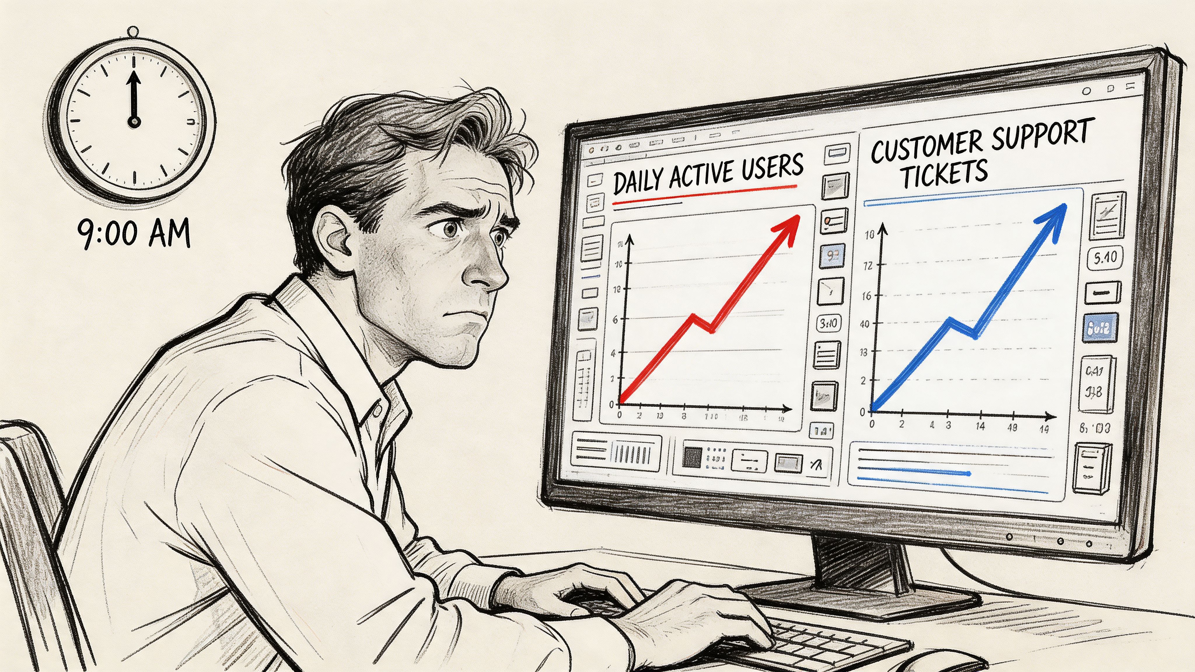 A concerned professional at a desk observing rising user metrics and customer support tickets on a computer.