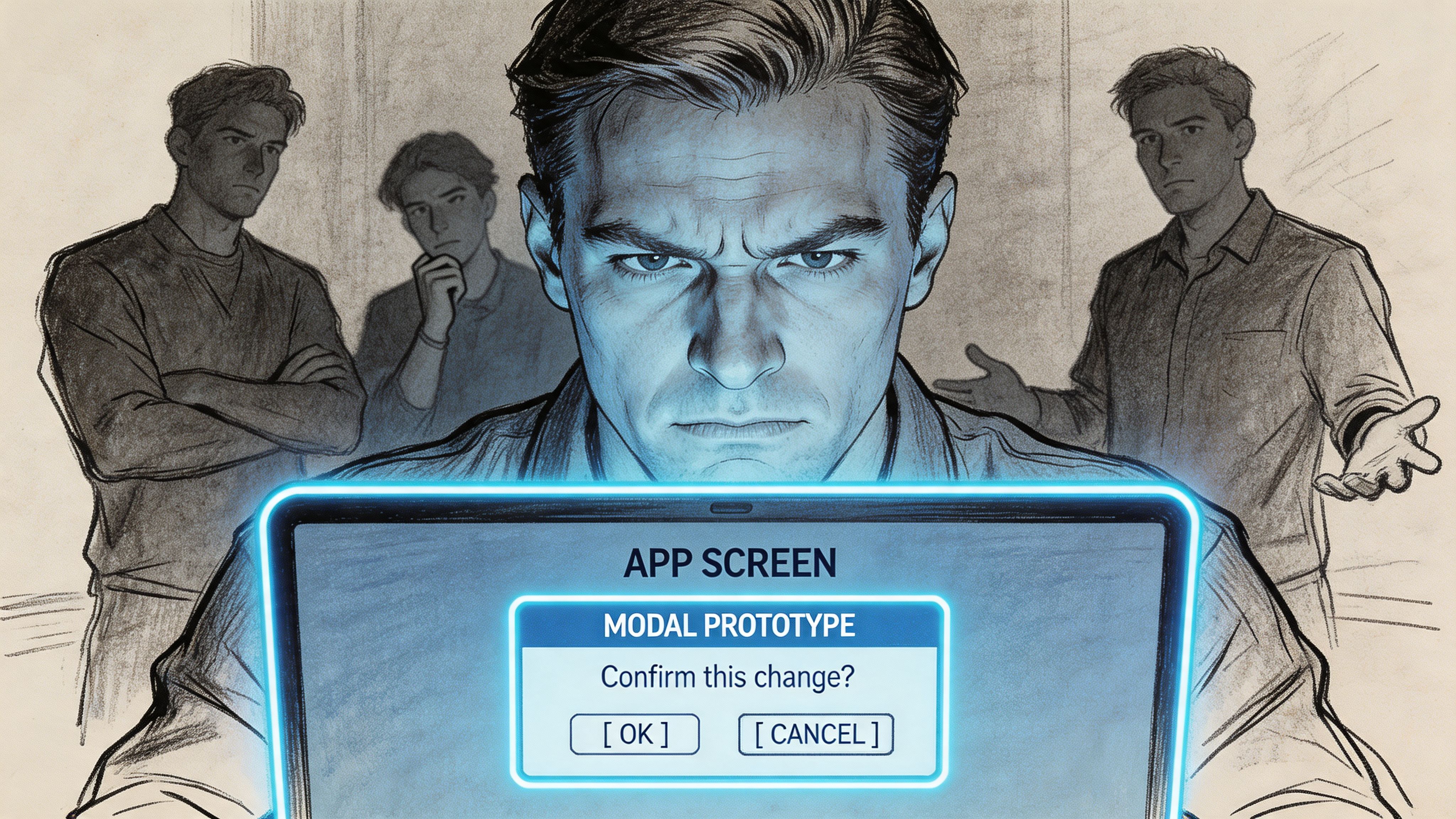 A focused man looking at a laptop screen displaying a modal window with a confirmation request.