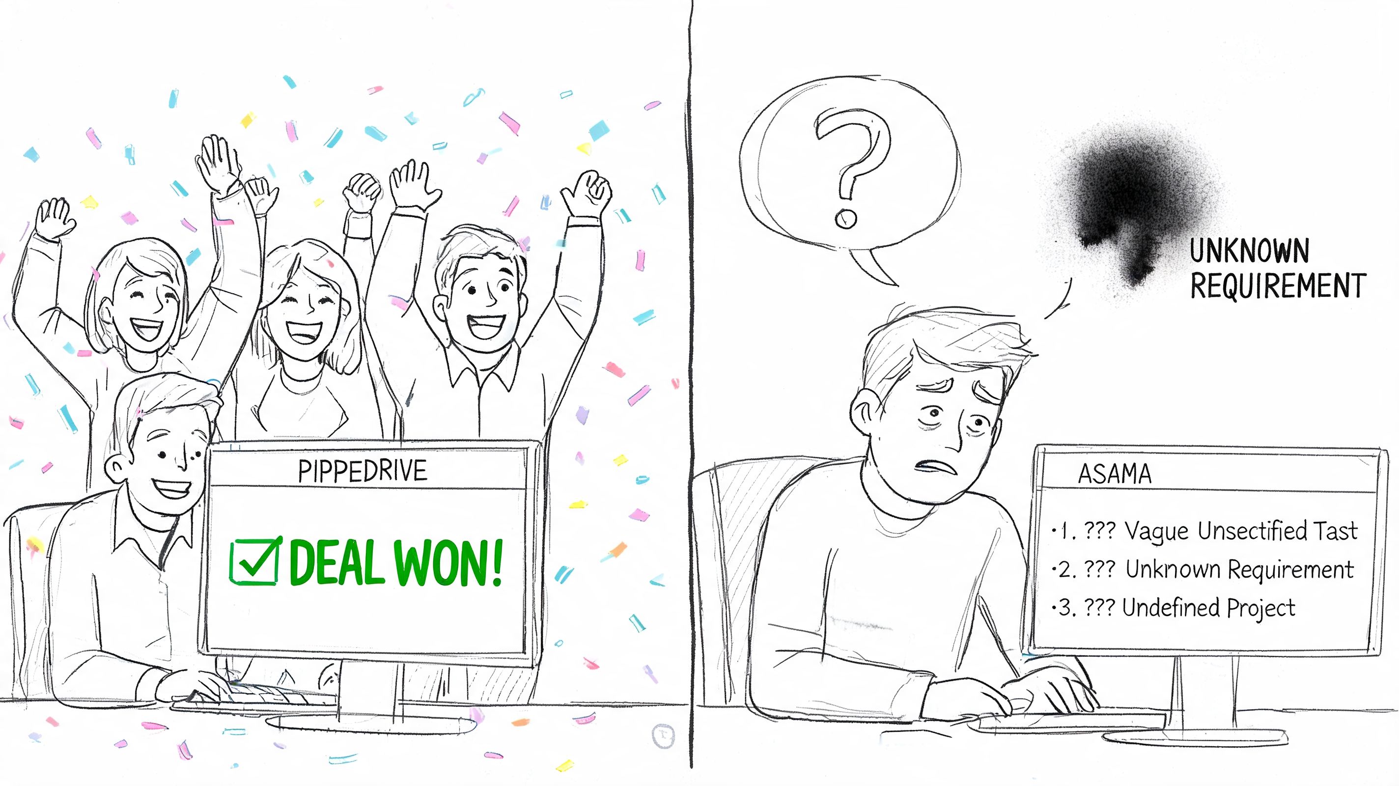 A split illustration comparing a celebratory Pipedrive deal won screen with a confused Asana project task list.