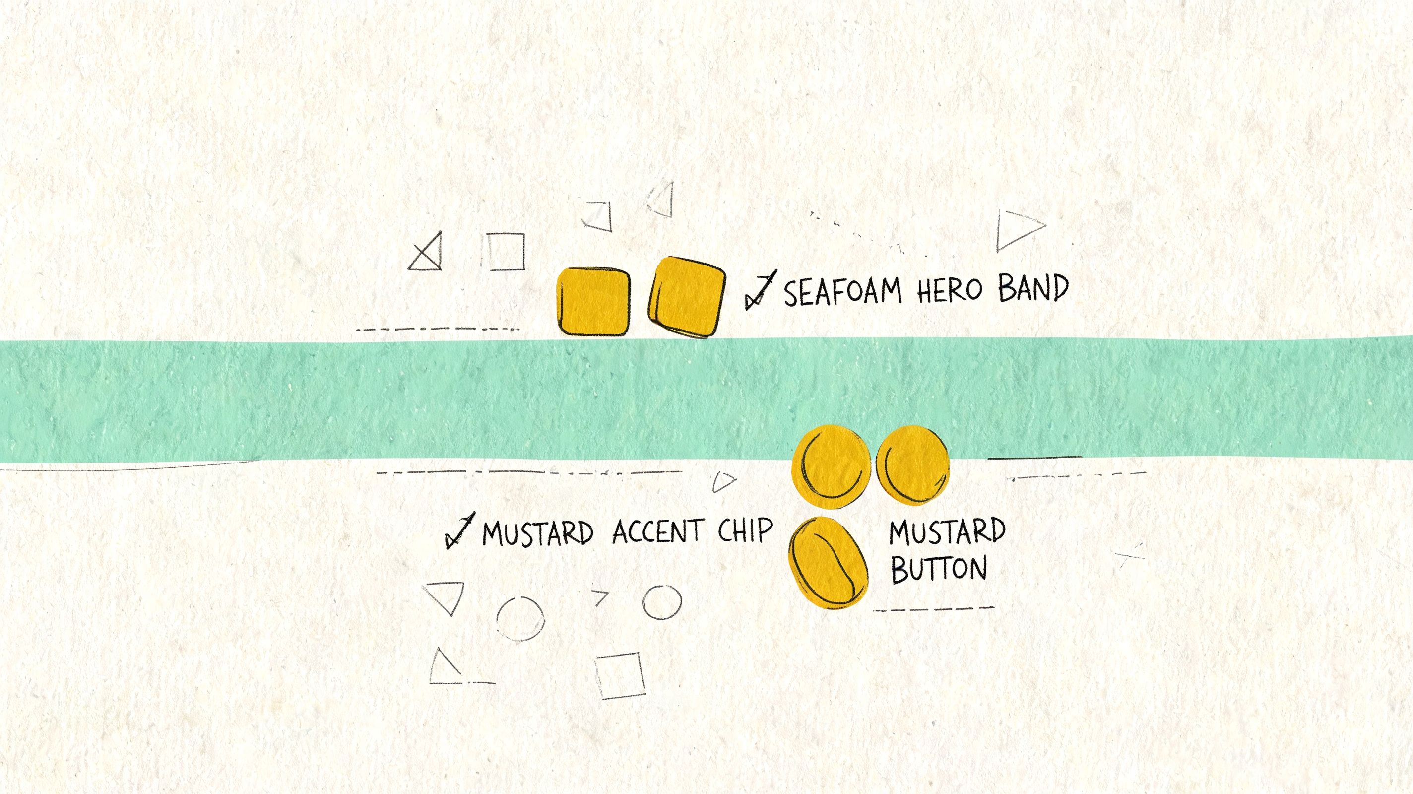 A design concept showing mustard yellow shapes paired with a seafoam green accent band for interior design.