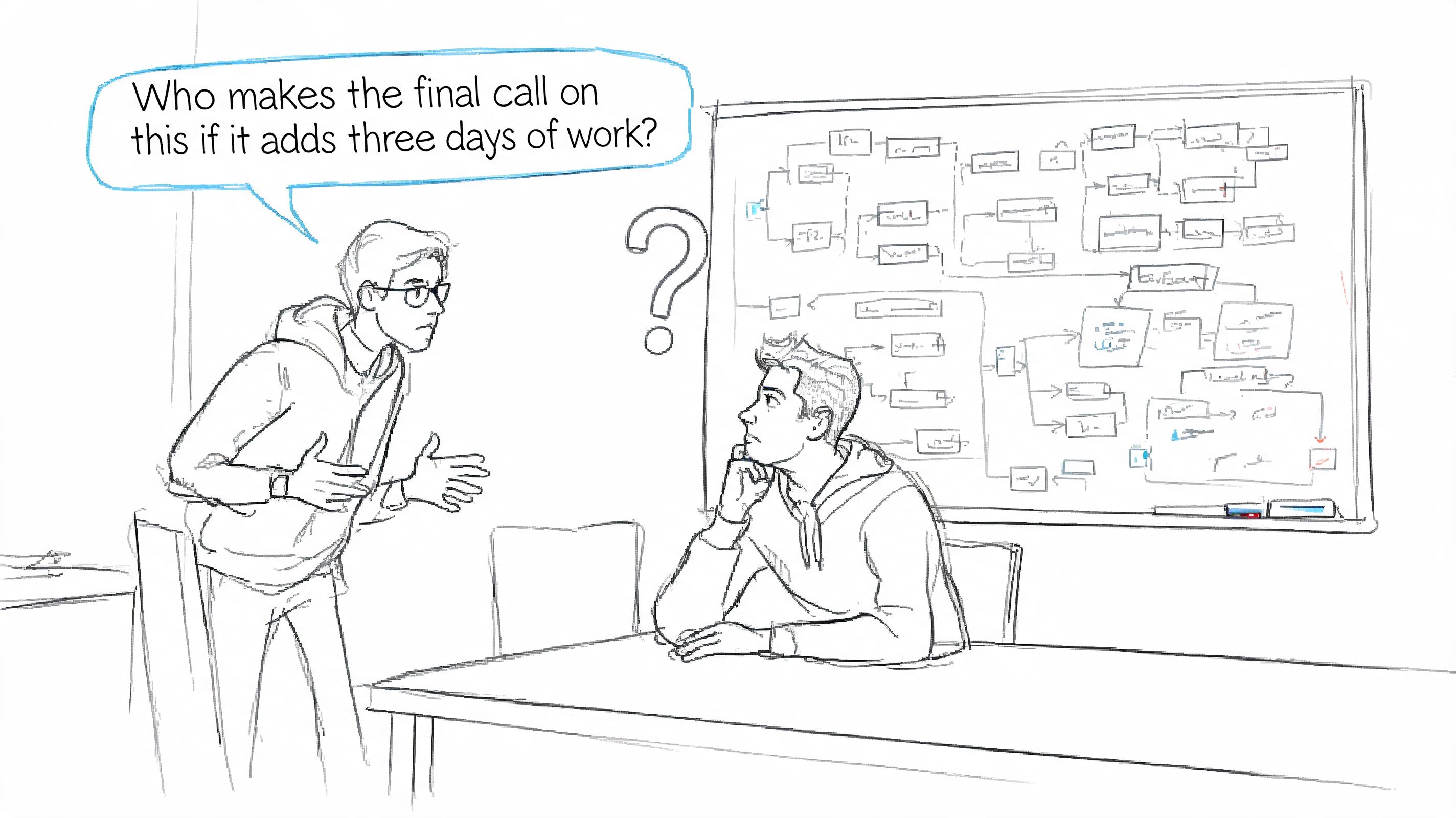 Two colleagues discussing project planning and decision making in front of a whiteboard with complex flowcharts.