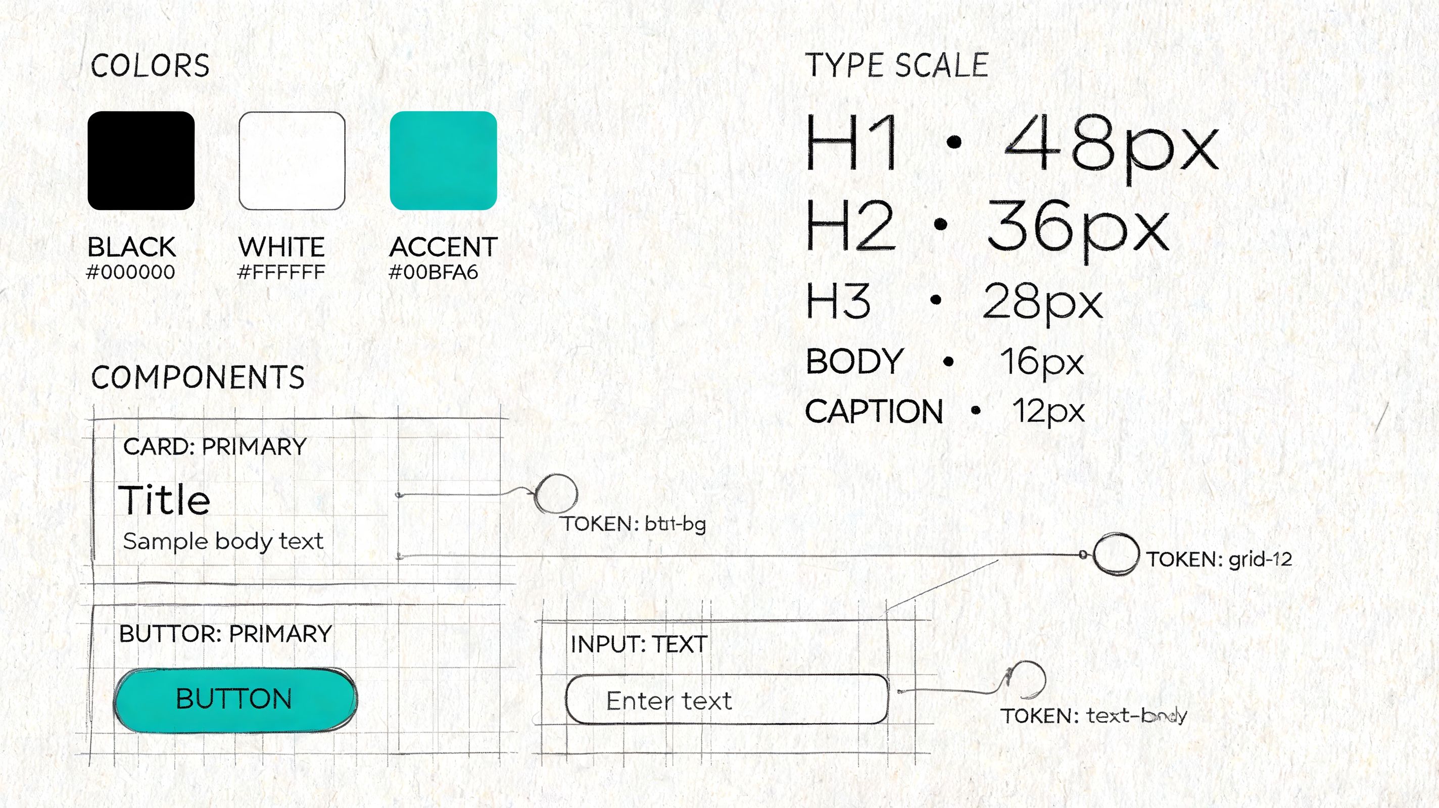 A hand-drawn design system documentation page featuring color palettes, typography scales, and UI component sketches.