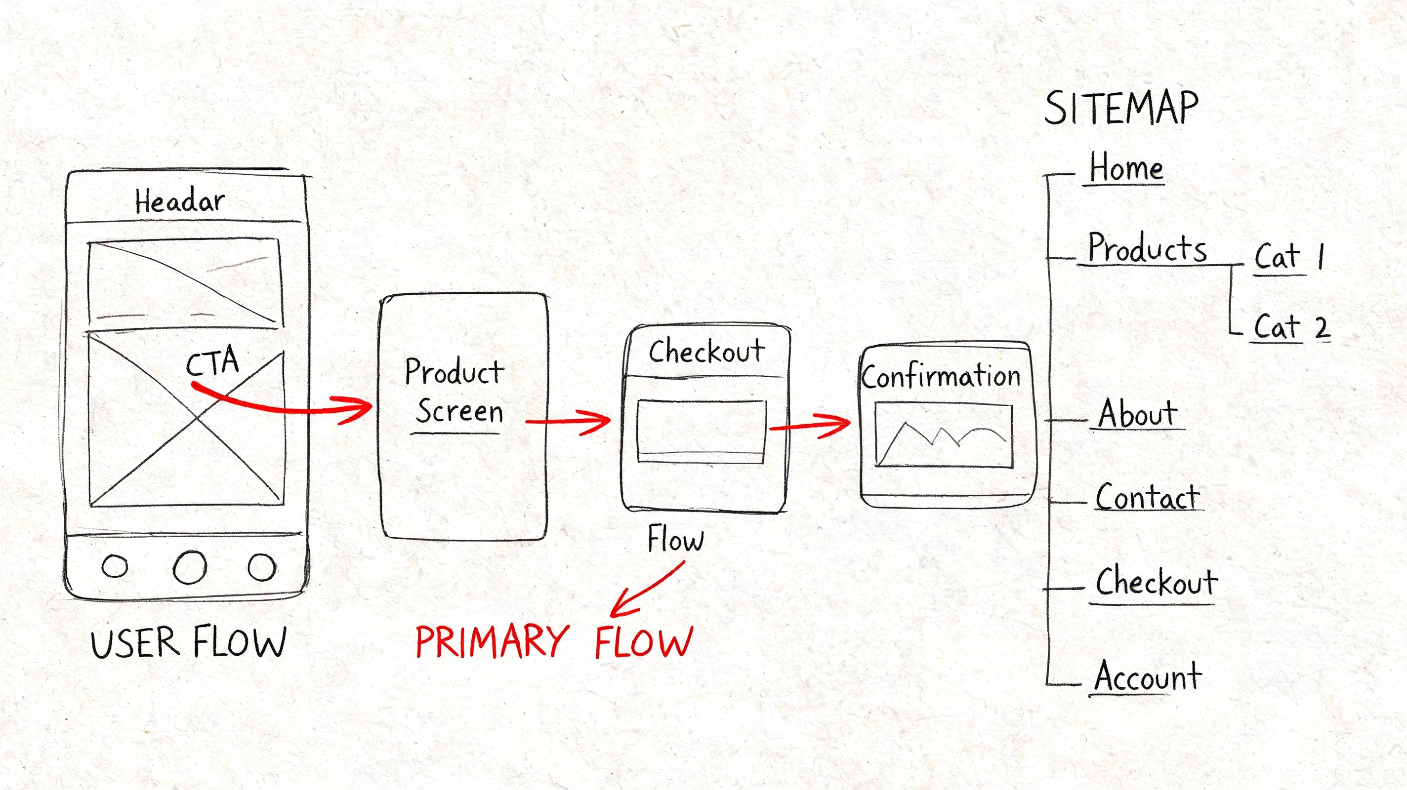 A hand-drawn diagram illustrating a mobile user flow, checkout process, and a website sitemap structure.