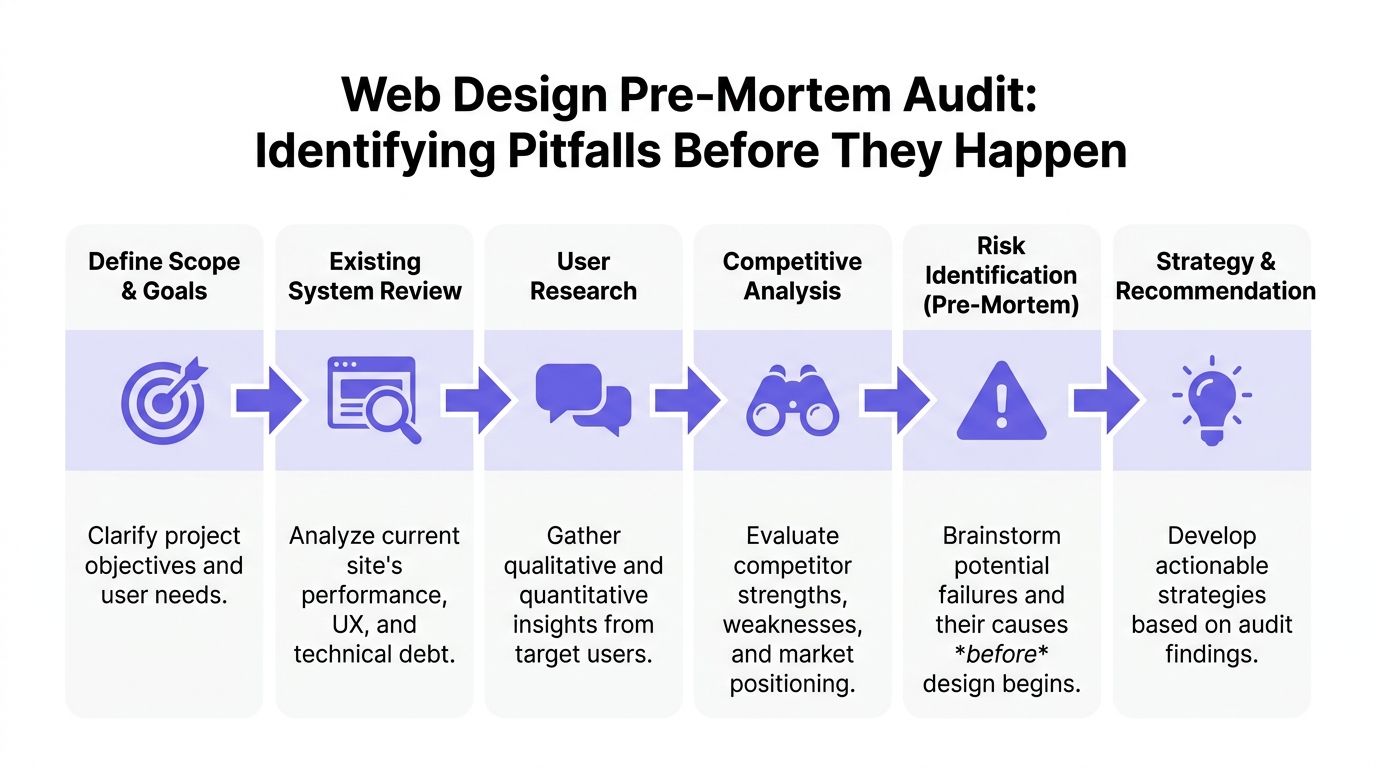 A flowchart showing the six stages of a web design pre-mortem audit process for identifying project risks.