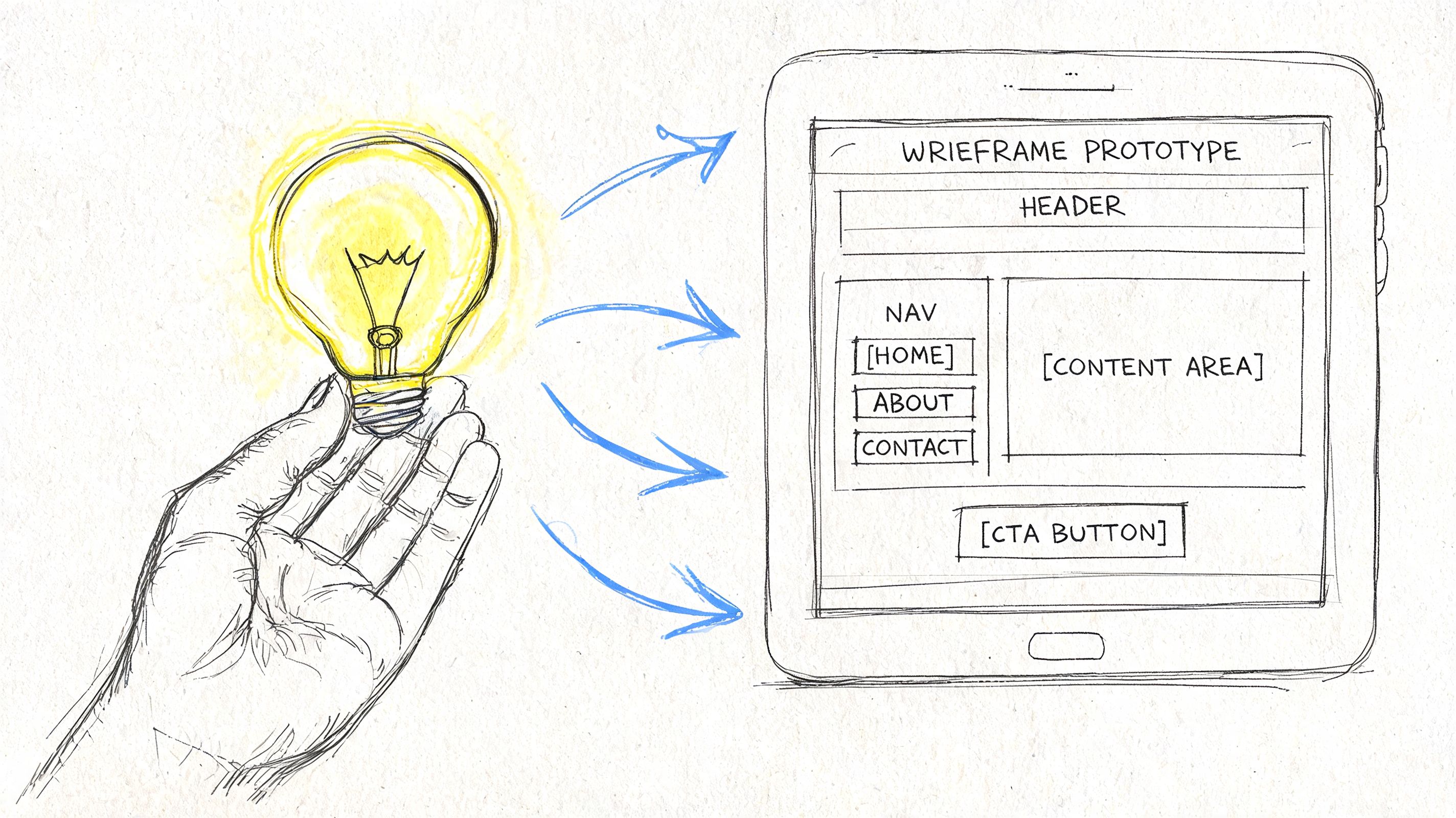 A hand holding a glowing lightbulb connected by arrows to a tablet displaying a website wireframe prototype.