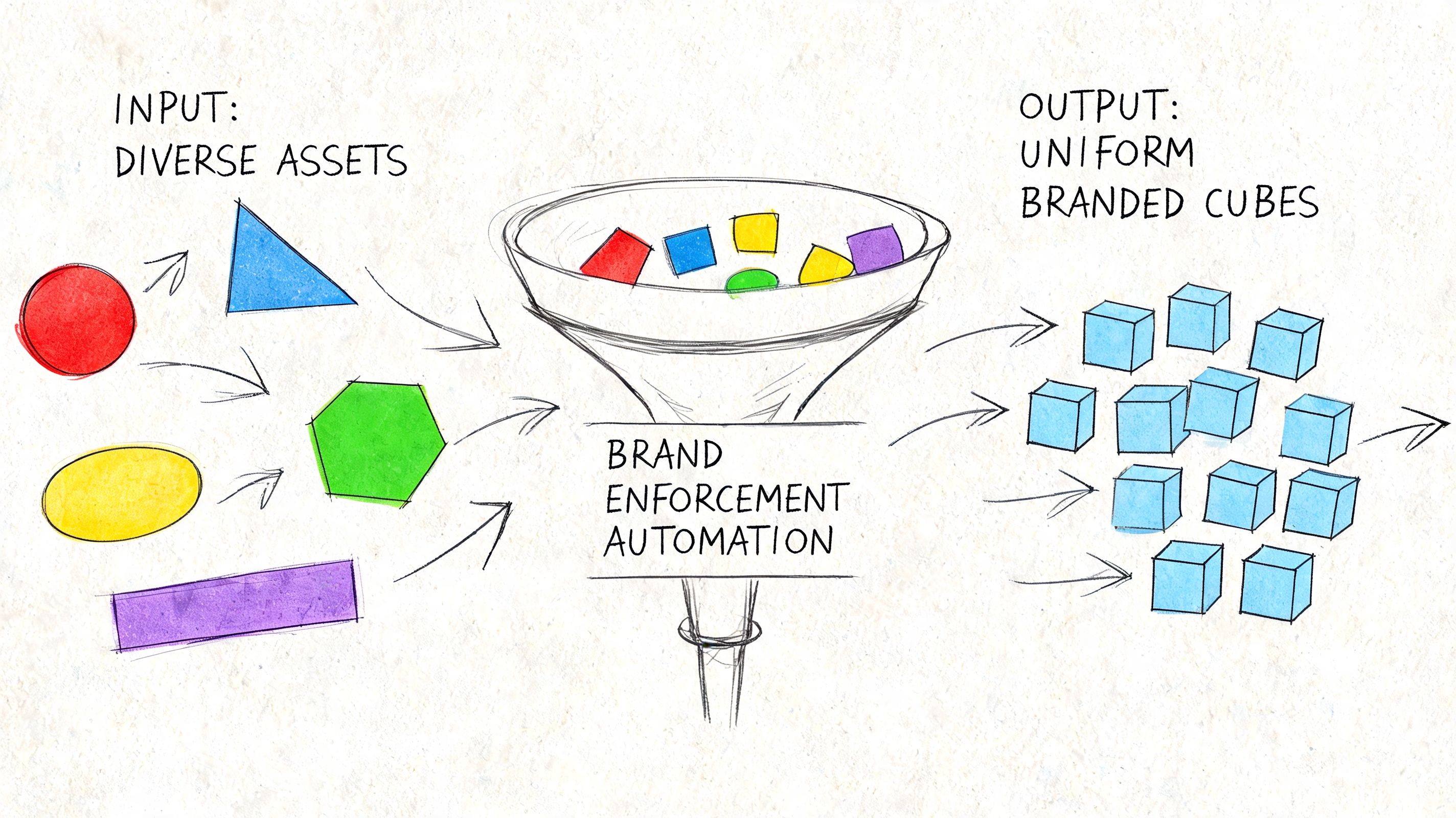 A diagram illustrating the transformation of diverse shapes into uniform branded cubes using brand enforcement automation.