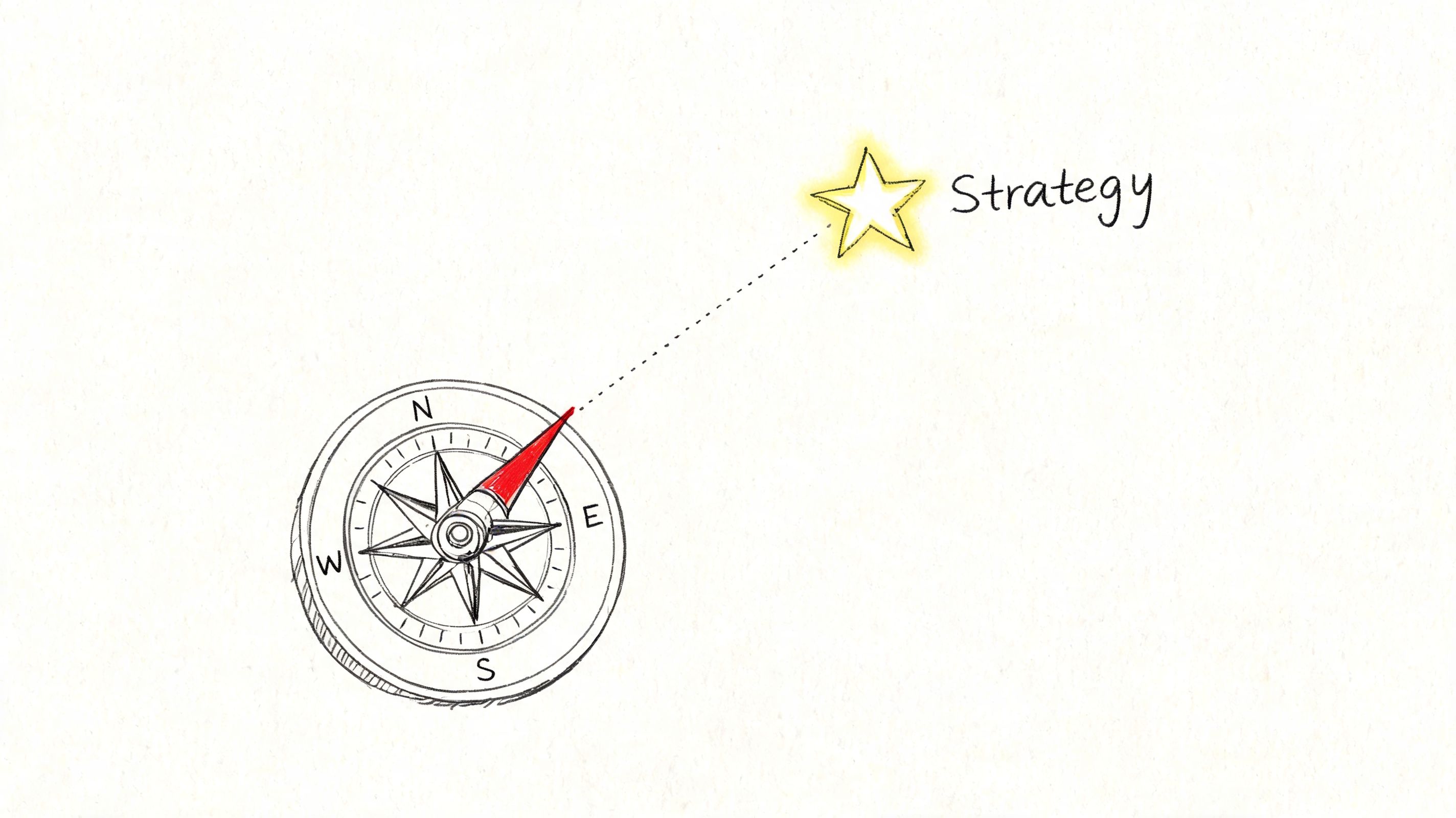 A hand-drawn illustration showing a compass pointing towards a glowing star labeled as Strategy.