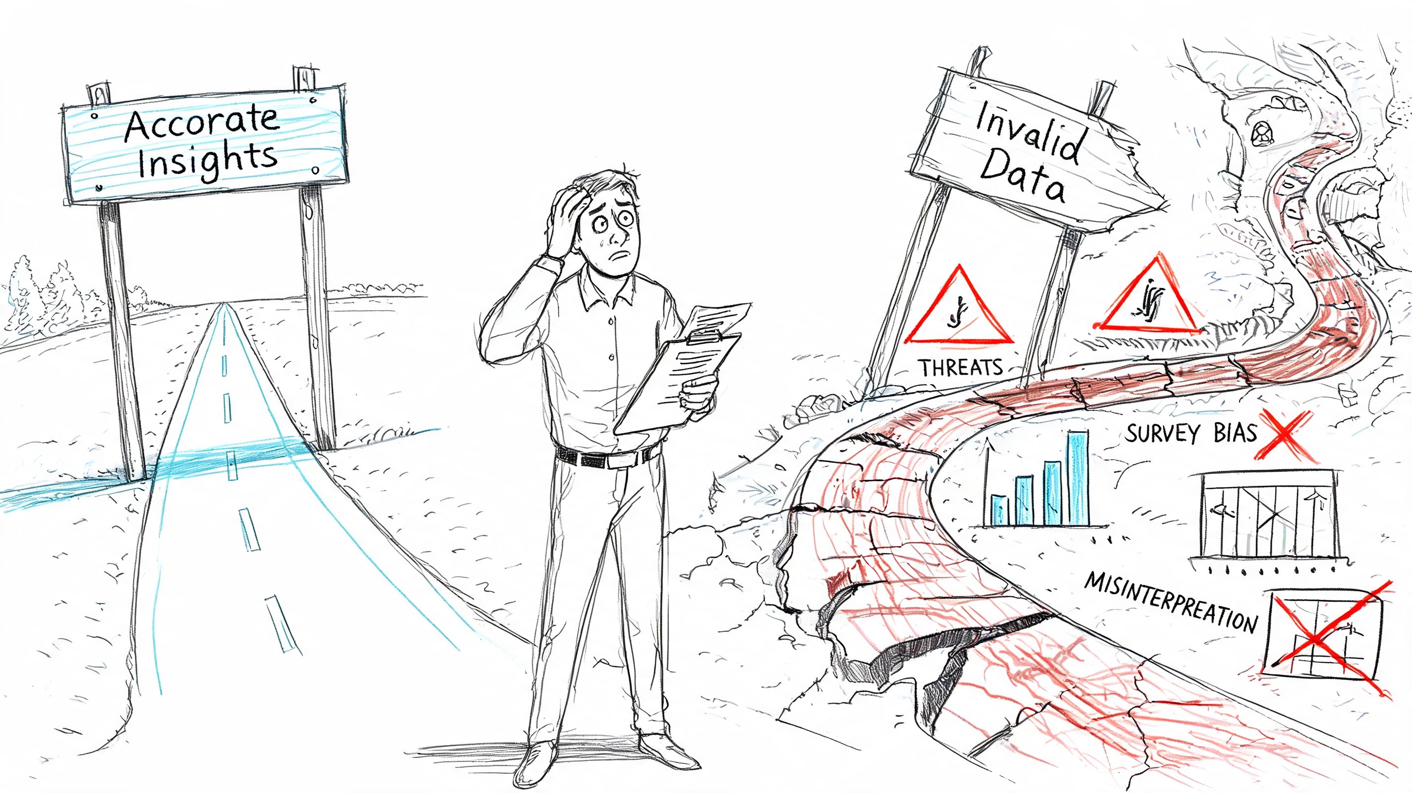 A professional looking concerned at a fork in the road between accurate insights and invalid research data.