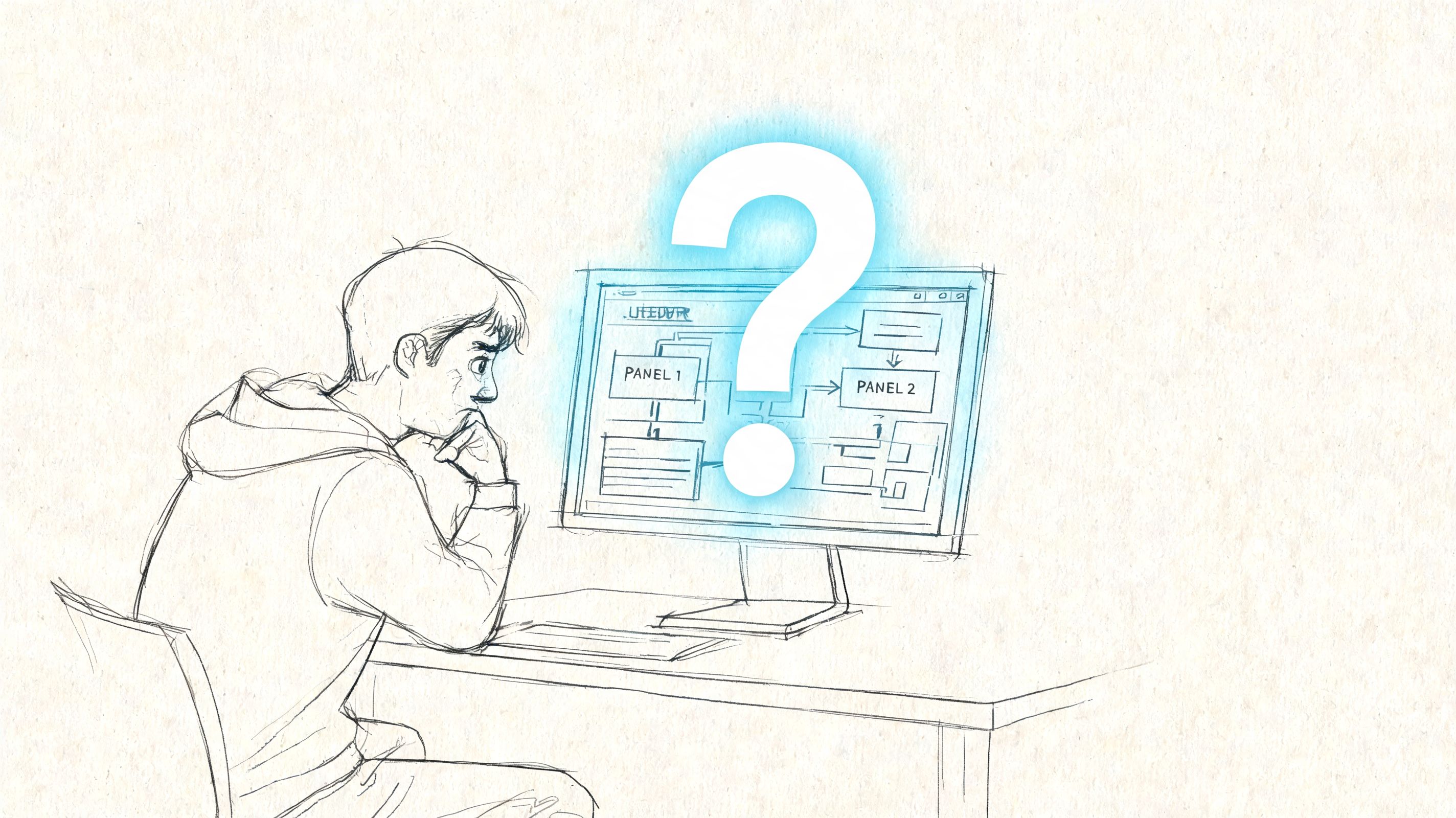 A sketched illustration of a person looking thoughtfully at a flowchart displayed on a computer screen.