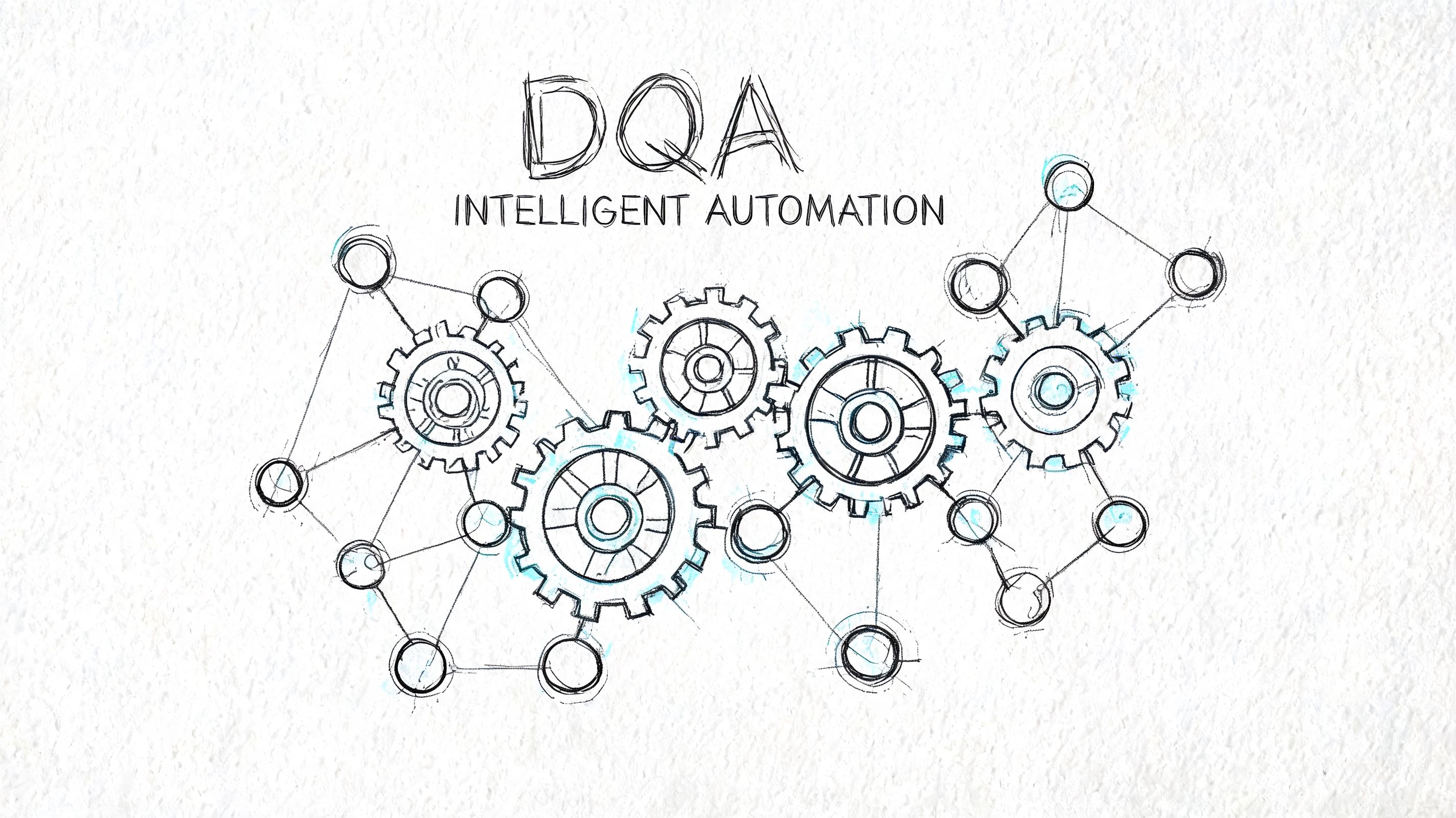 A hand-drawn sketch of interconnected gears and node network representing intelligent automation and design quality assurance concepts.