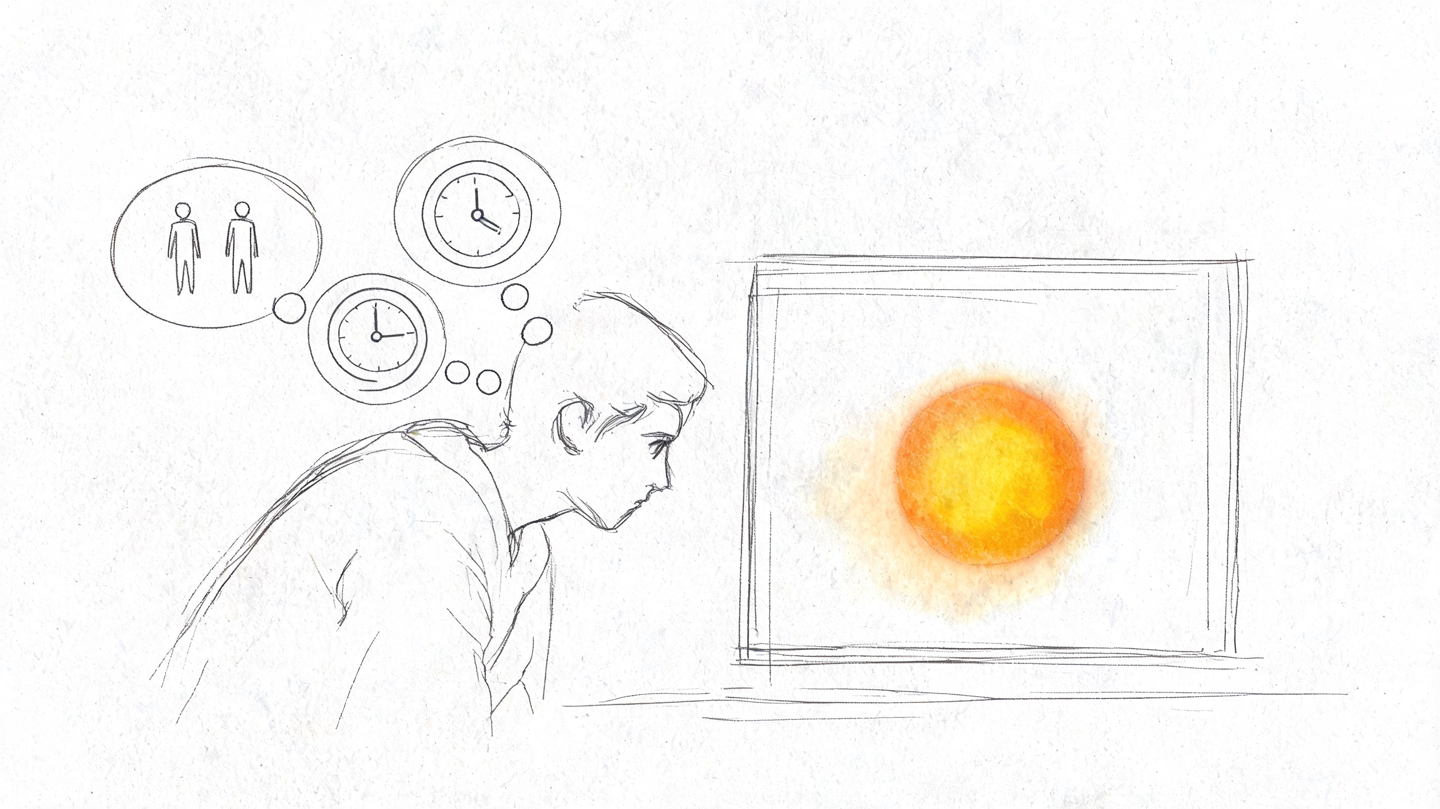 A line drawing illustration of a person looking at a screen thinking about time and people.