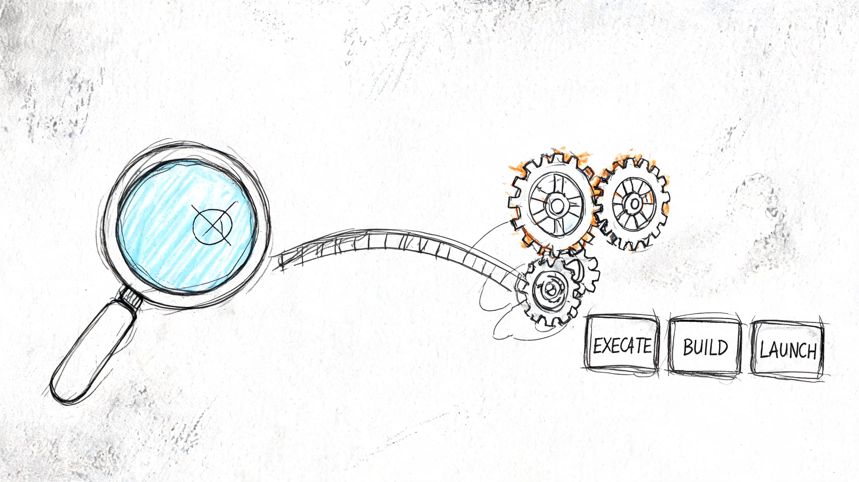 A hand-drawn sketch of a magnifying glass connected to rotating gears above labels for execute, build, and launch.