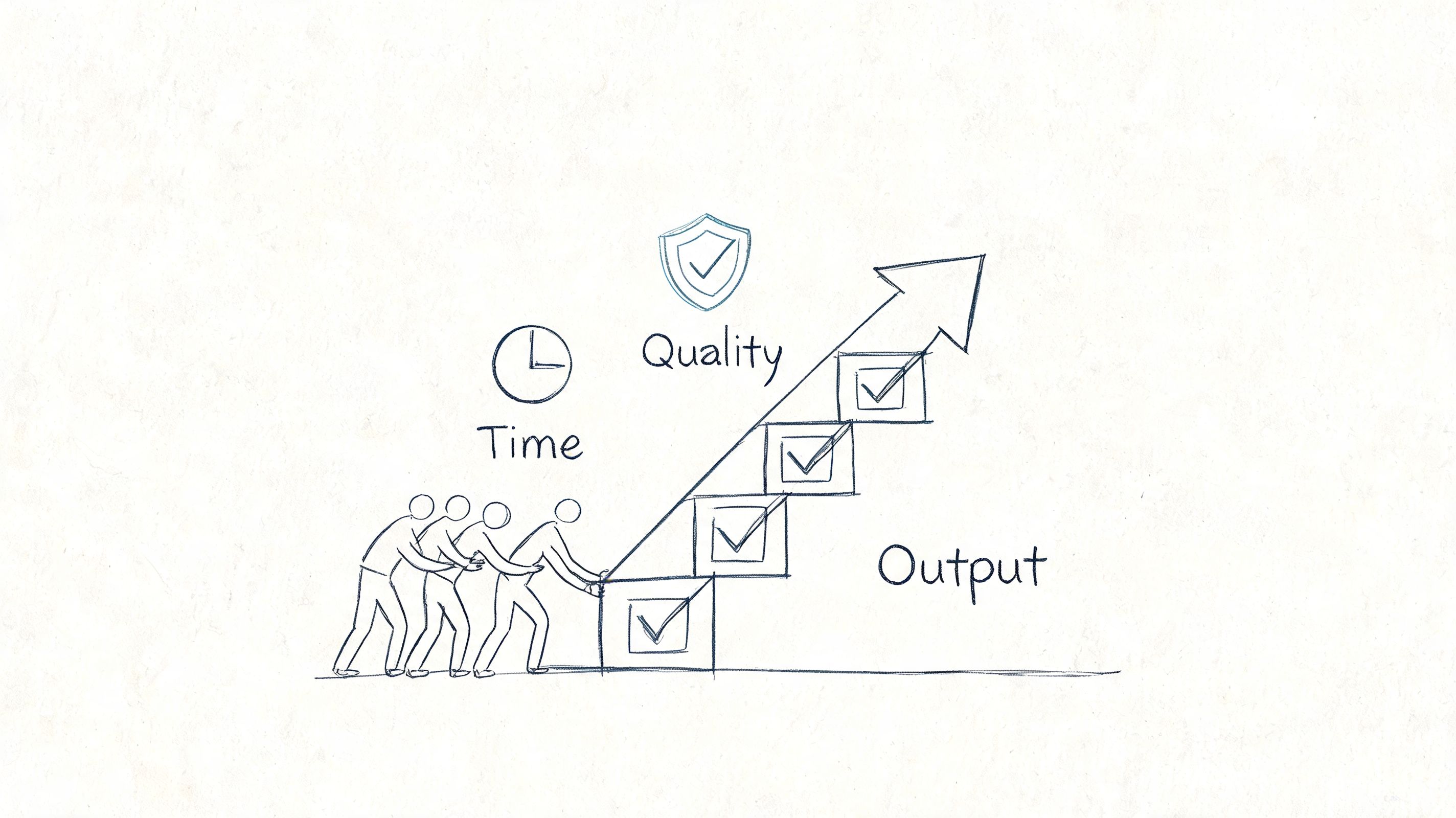 A hand-drawn illustration showing a team pushing a rising staircase with quality checks, representing business productivity and growth.
