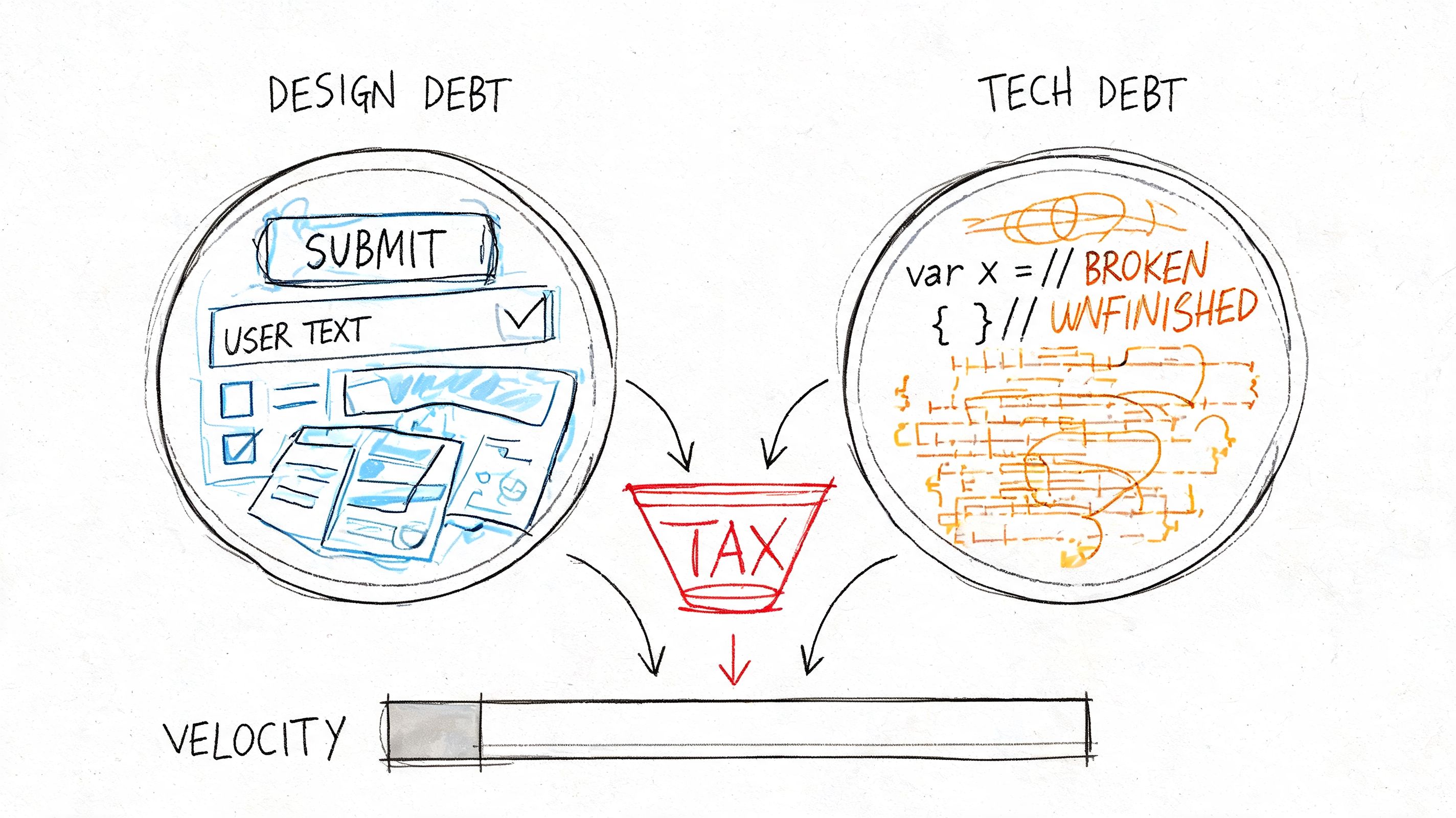 A hand-drawn illustration showing design debt and tech debt funneling into a tax, reducing team velocity.