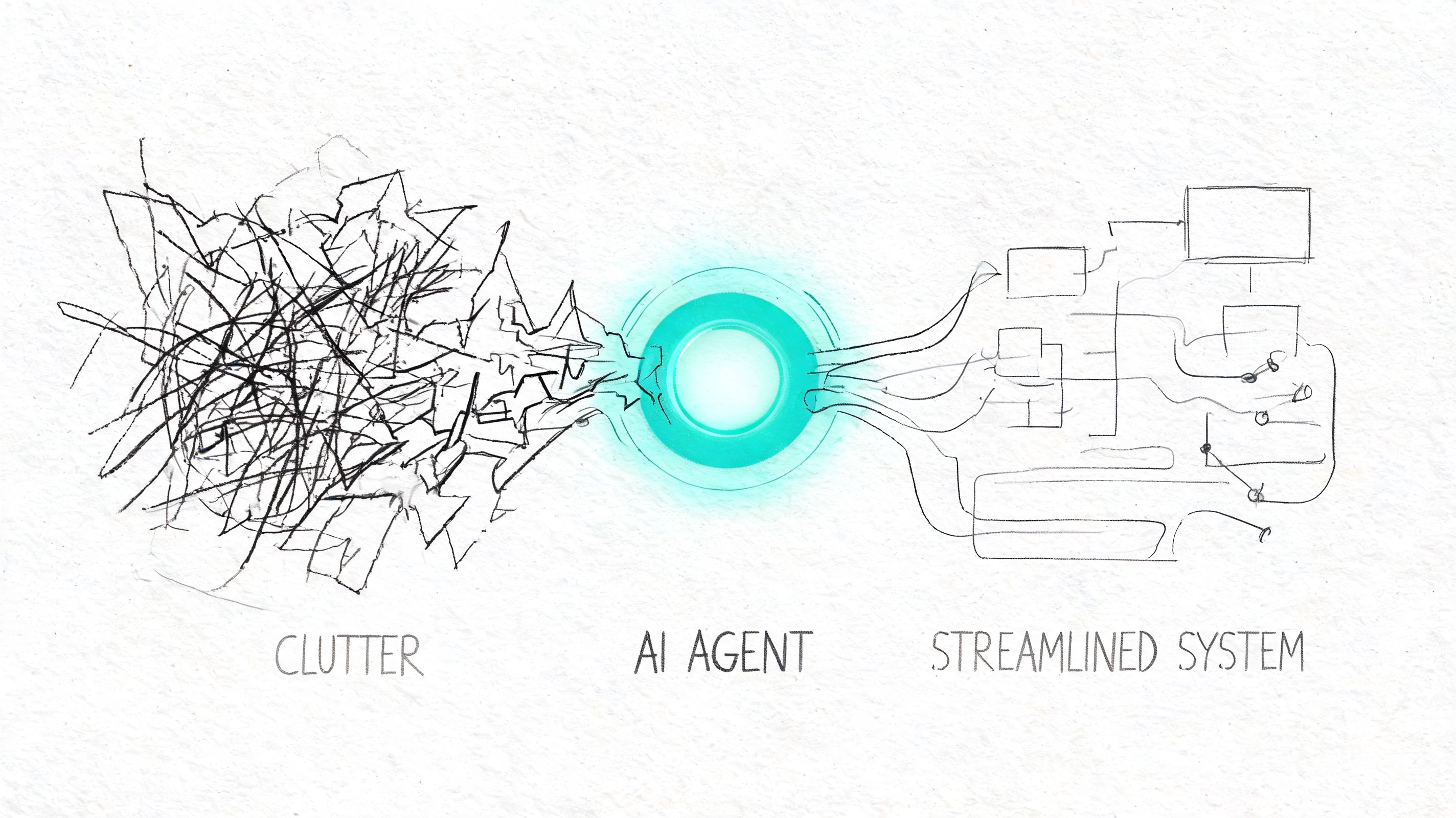 A hand-drawn sketch showing chaotic scribbles being transformed by a glowing AI agent into an organized system.
