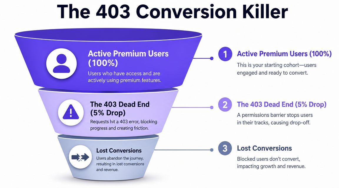A funnel diagram illustrating how 403 server errors cause user drop-off and lost conversions in digital journeys.