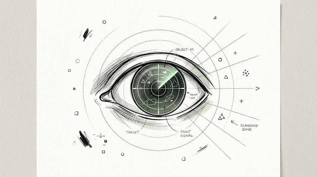 A stylistic drawing of a human eye acting as a digital radar screen with futuristic scanning elements.