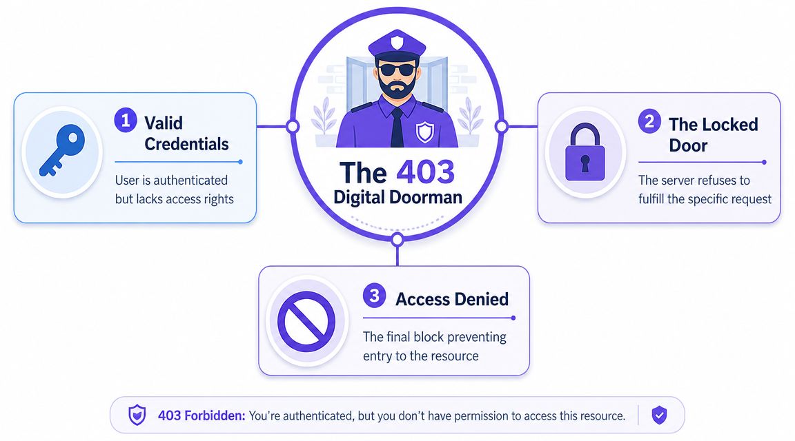 A diagram explaining the 403 Forbidden server error using a digital doorman metaphor for access control.