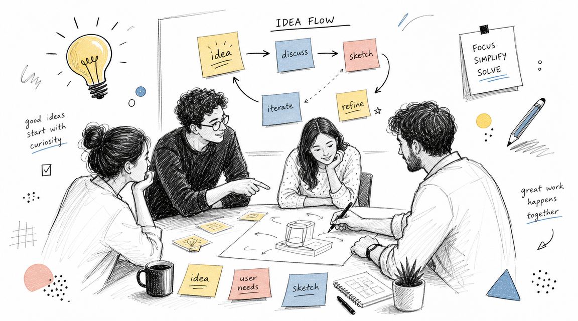 A diverse group of people sitting around a table collaborating on creative problem solving project ideas.