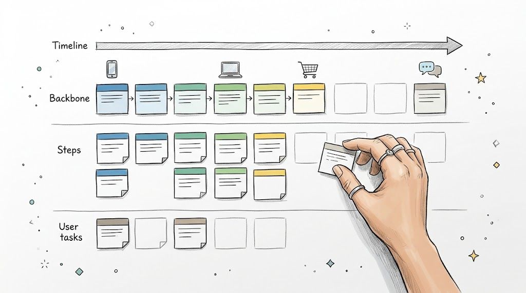 A hand organizing sticky notes on a user story map to visualize project workflow processes.