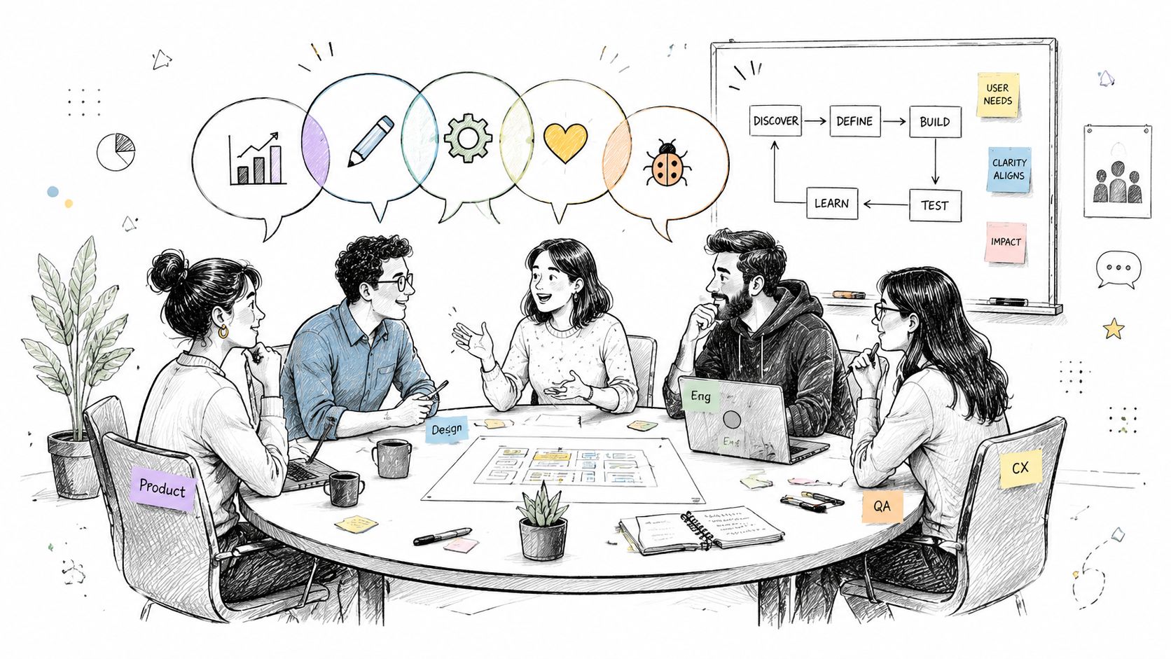 A diverse team collaborating around a round table on problem solving activities in an office setting.