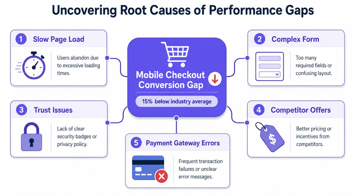 A diagram illustrating five root causes for a mobile checkout conversion gap, such as slow page loading times.