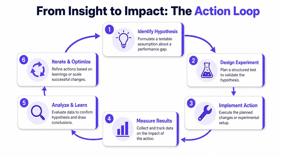 A circular diagram illustrating the six-step Action Loop process for turning insights into business performance improvements.