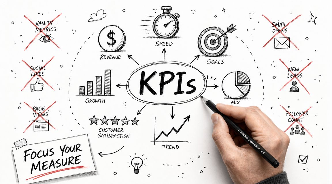 A hand drawing a diagram explaining key performance indicators with focus areas and excluded vanity metrics.