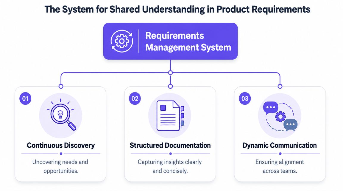 A diagram illustrating the three pillars of a product requirements management system: discovery, documentation, and communication.