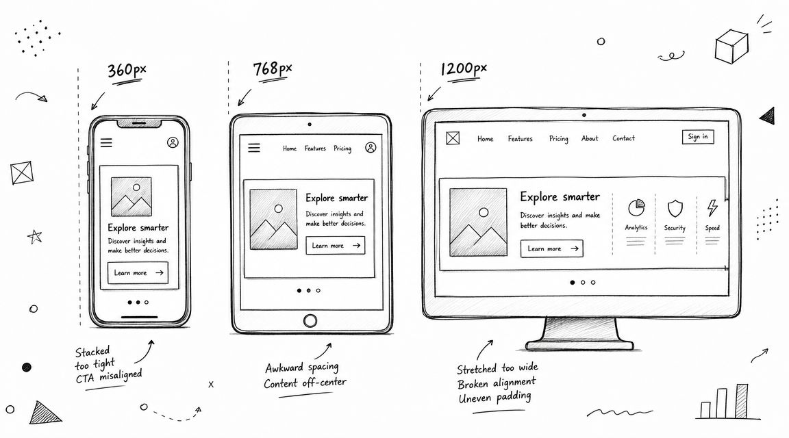 A hand-drawn sketch showing responsive web design layout challenges across mobile, tablet, and desktop device screens.