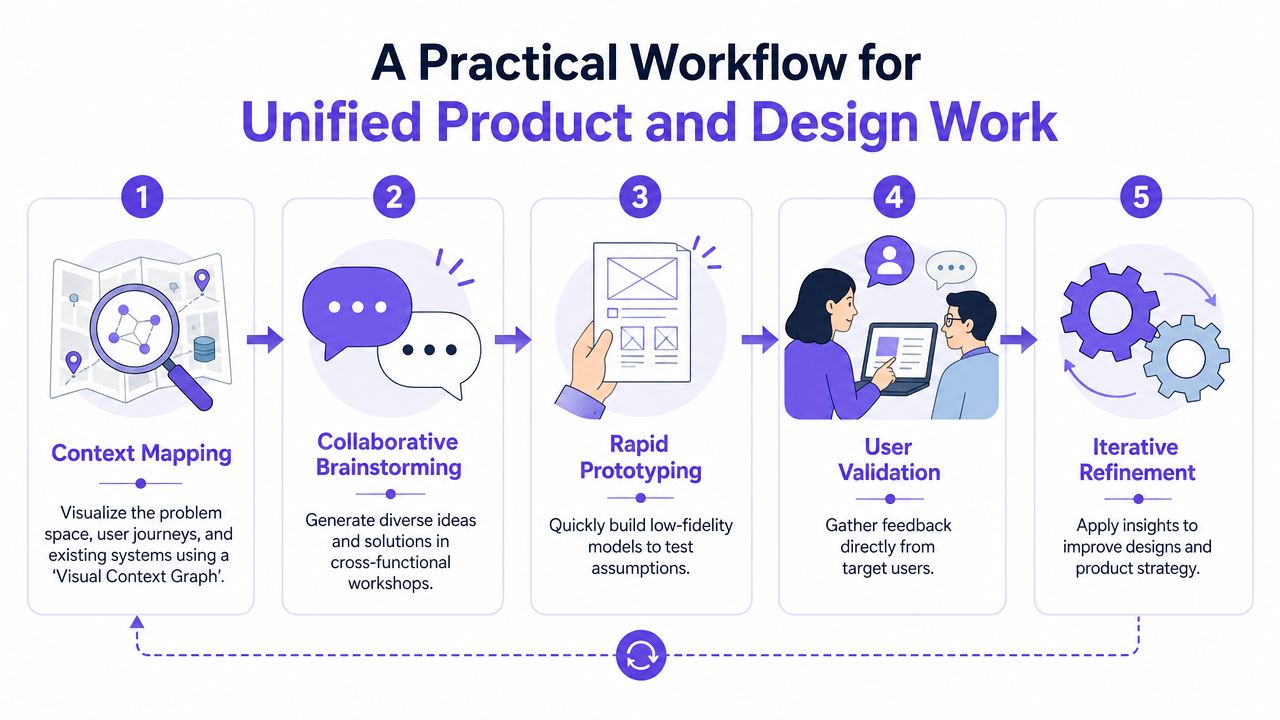 A diagram outlining a five-step practical workflow for unified product and design collaboration.