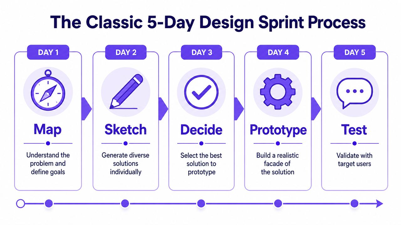 A diagram illustrating the classic five-day design sprint process with daily steps from mapping to testing.