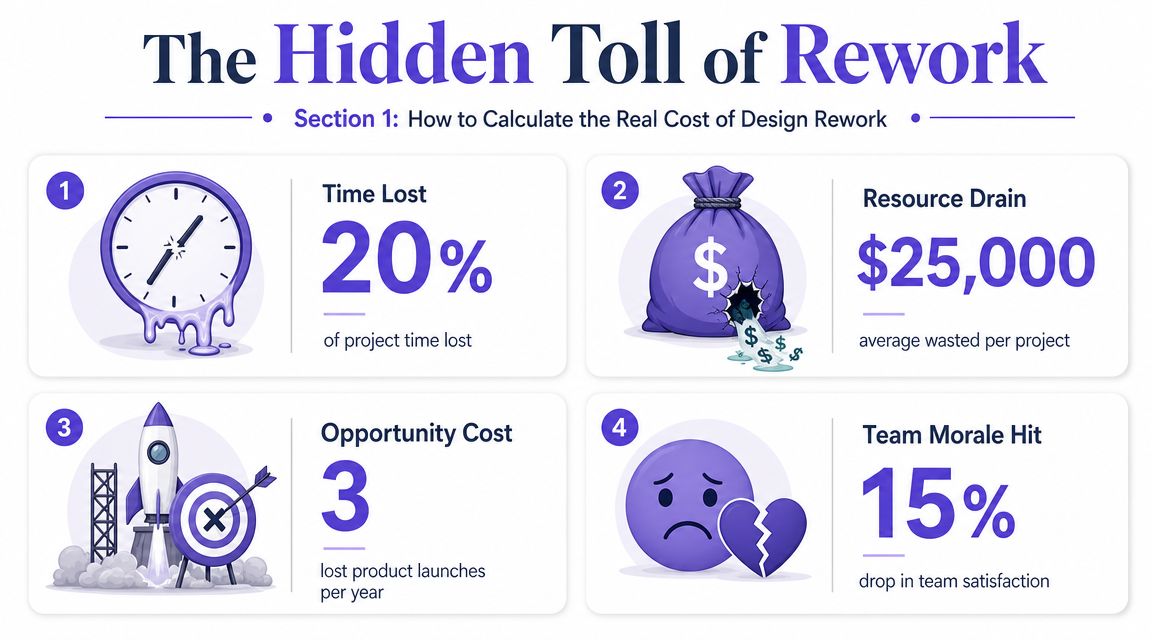 An infographic titled The Hidden Toll of Rework detailing time, money, and morale costs of design project changes.