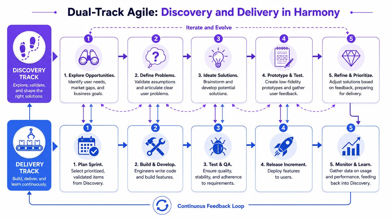 A diagram illustrating the Dual-Track Agile process, showing the collaboration between product discovery and delivery tracks.
