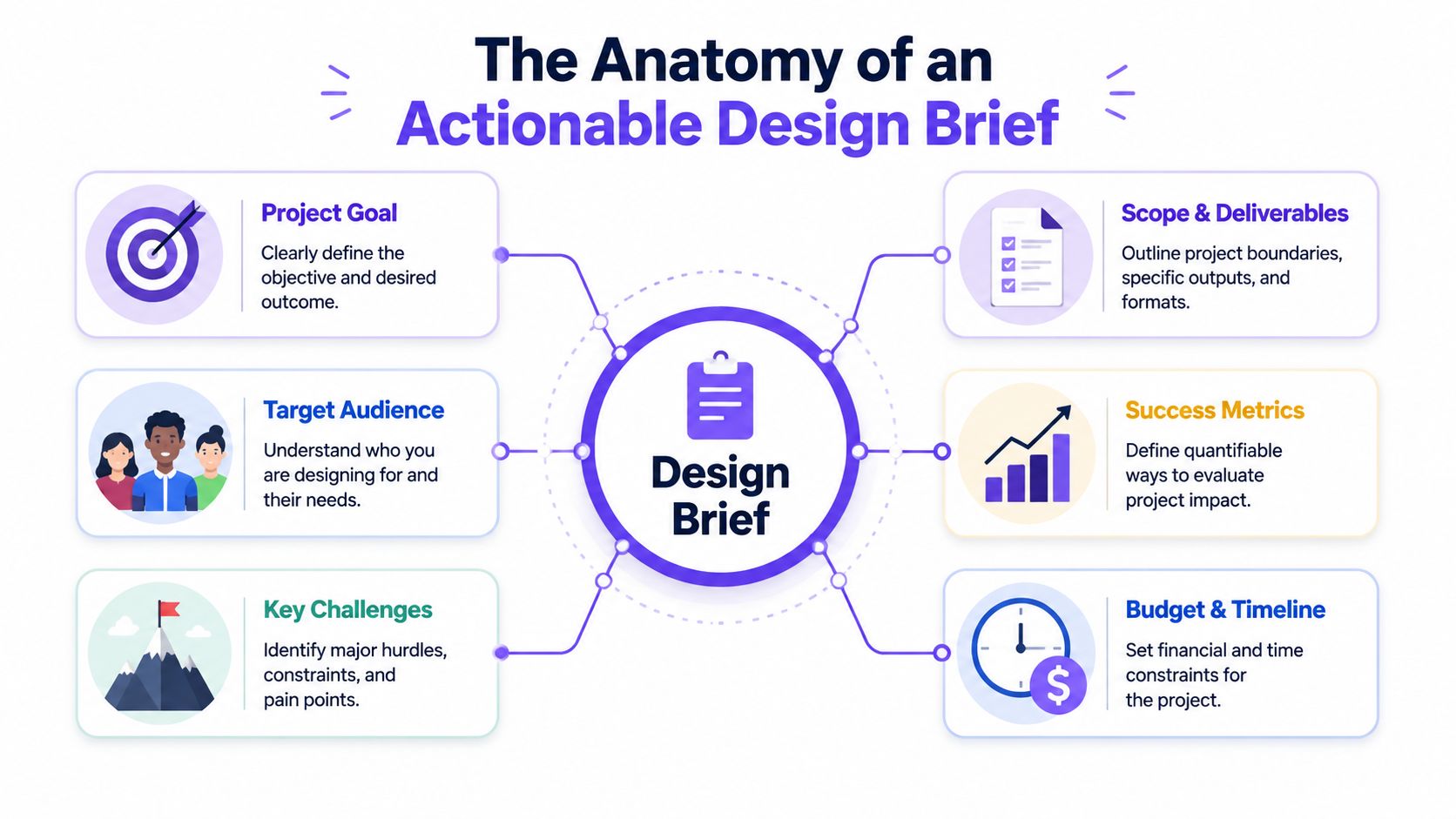 An infographic titled The Anatomy of an Actionable Design Brief showing six essential components for success.