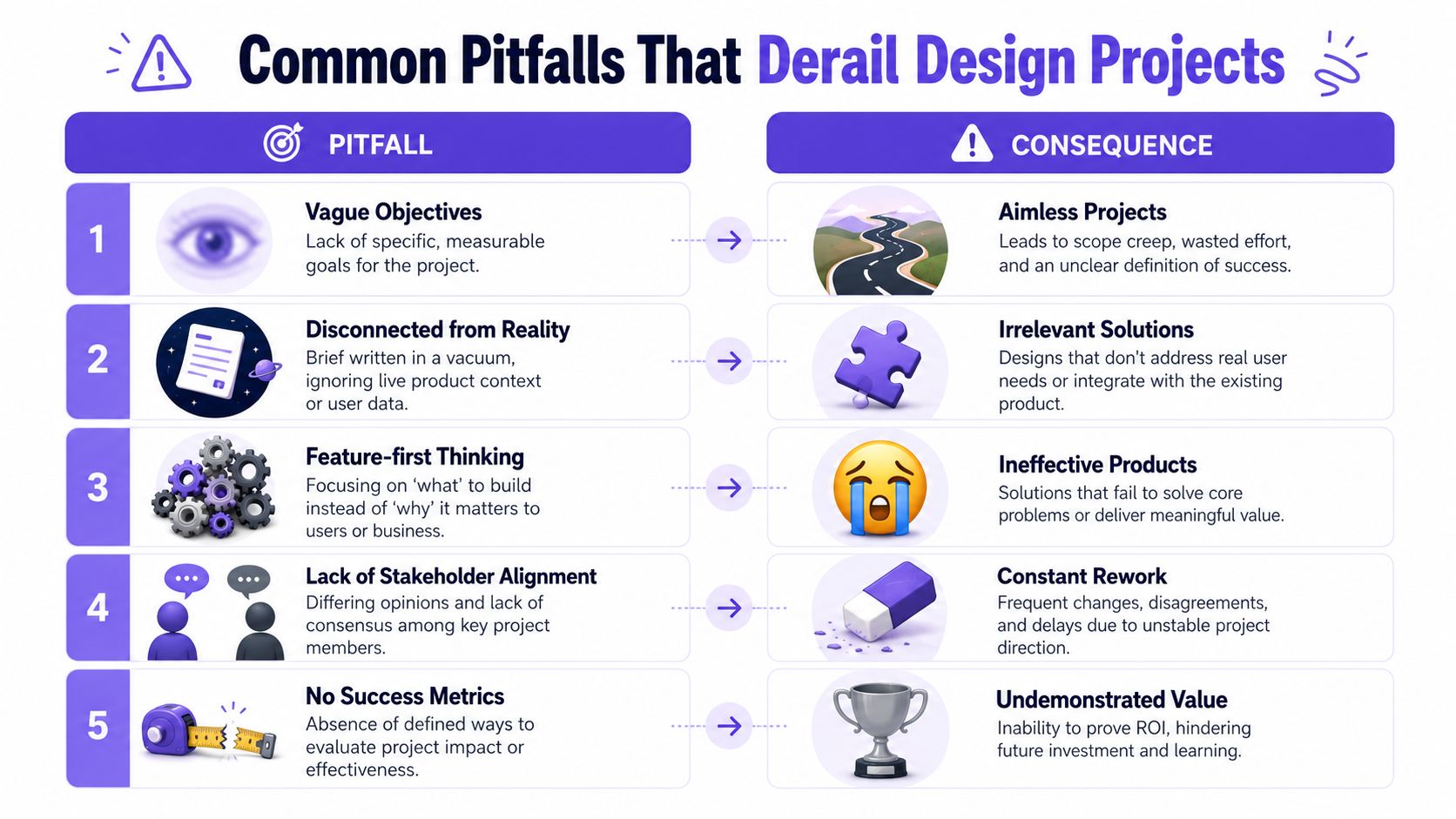 An infographic detailing five common pitfalls that derail design projects and their negative consequences on business outcomes.