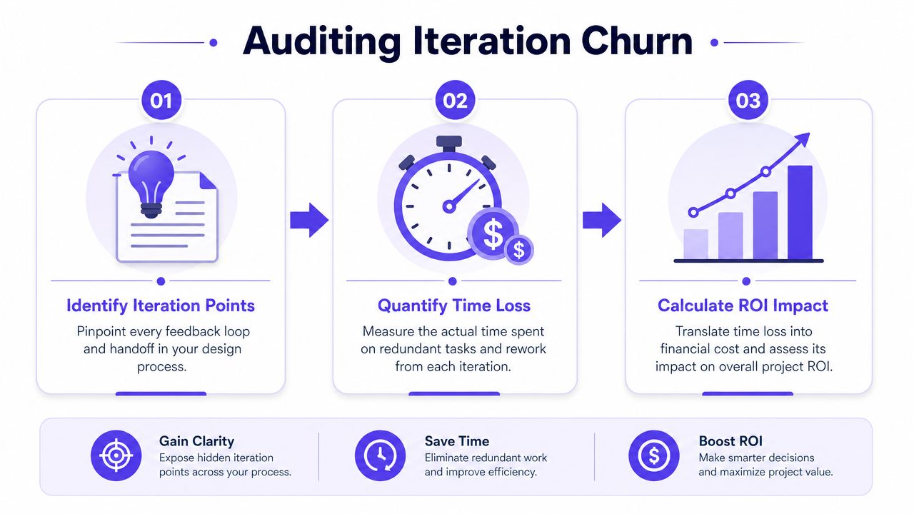 A three-step infographic on auditing iteration churn, illustrating how to identify points, measure time loss, and calculate ROI.