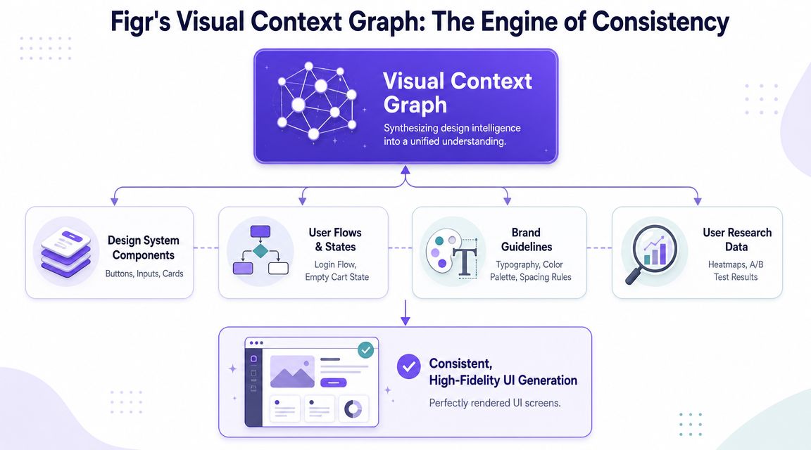 A diagram illustrating Figr's Visual Context Graph, showing how various design elements create consistent UI screens.