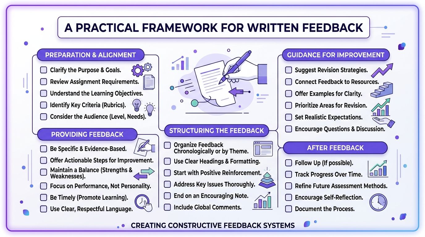 A structured framework for providing effective written feedback in an educational or professional setting.