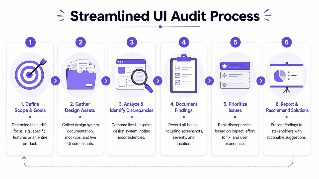 An infographic showing the six steps of a streamlined UI audit process from goal definition to reporting.