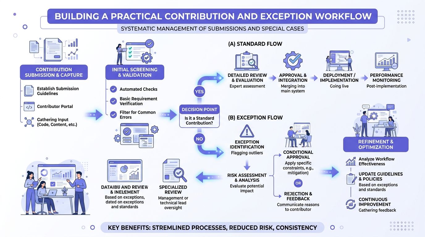 A flowchart diagram illustrating a practical contribution and exception workflow for systematic management of submissions and special cases.