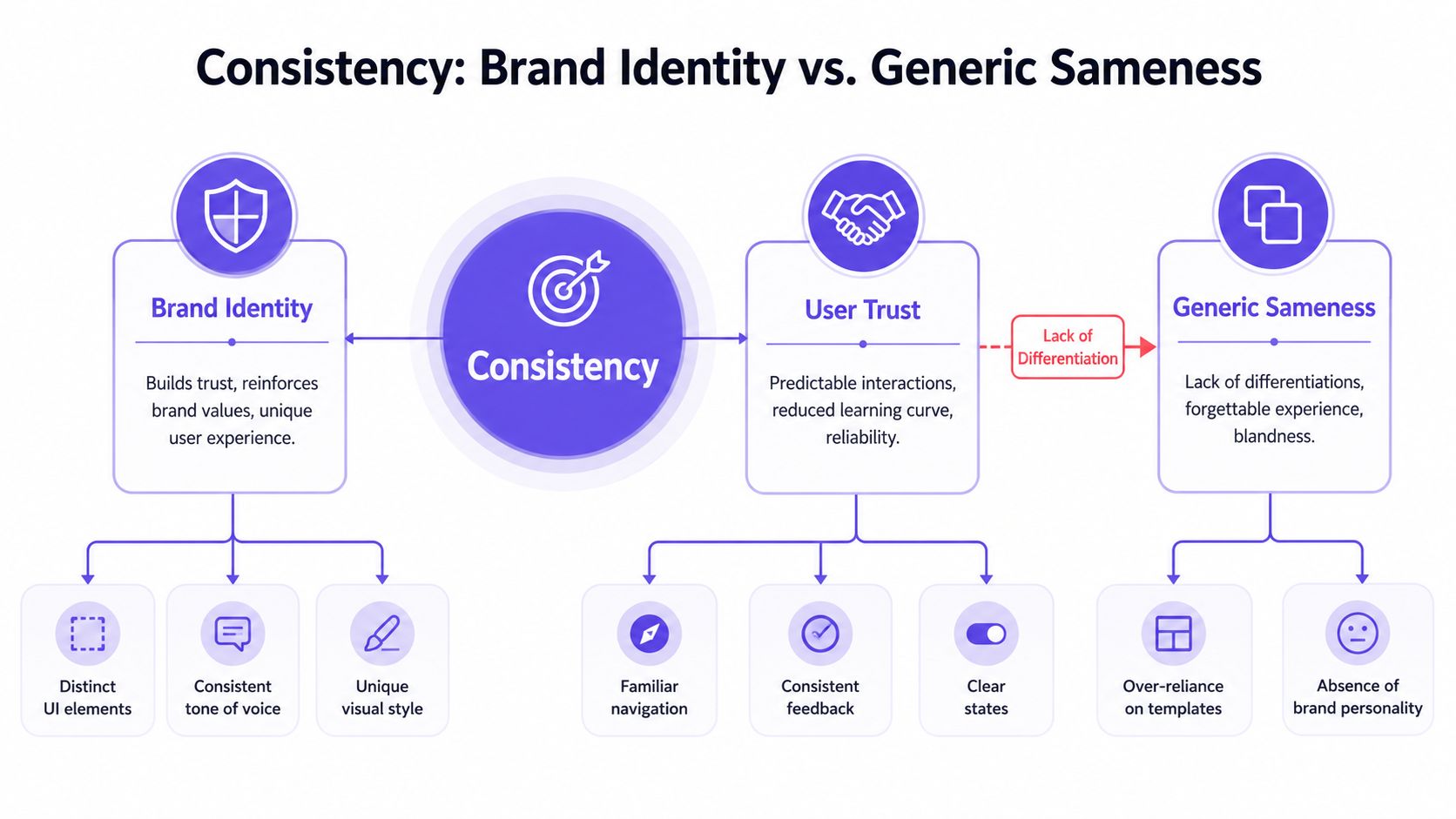 A diagram comparing brand identity and generic sameness through the lens of design consistency and user trust.