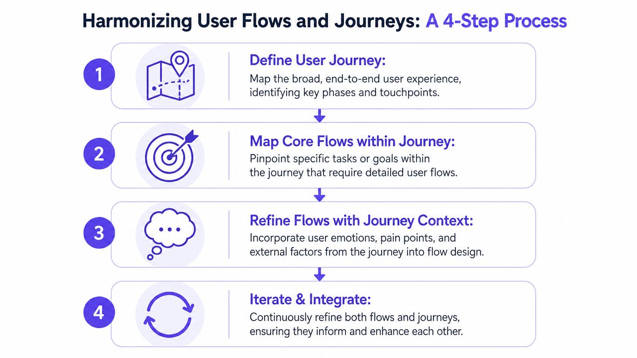 A four-step infographic illustrating the process of harmonizing user flows and journeys for product design.