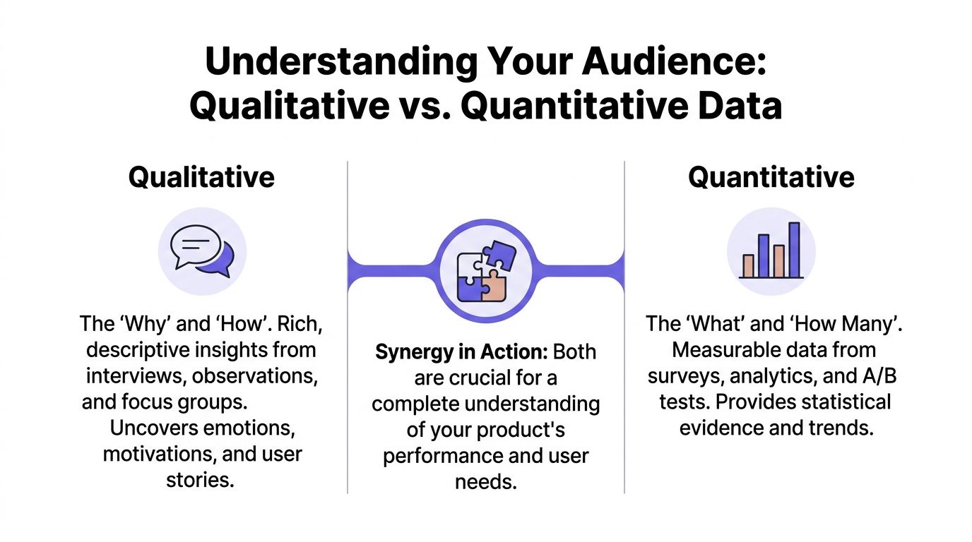An infographic comparing qualitative and quantitative data types, highlighting the importance of using both for user research.