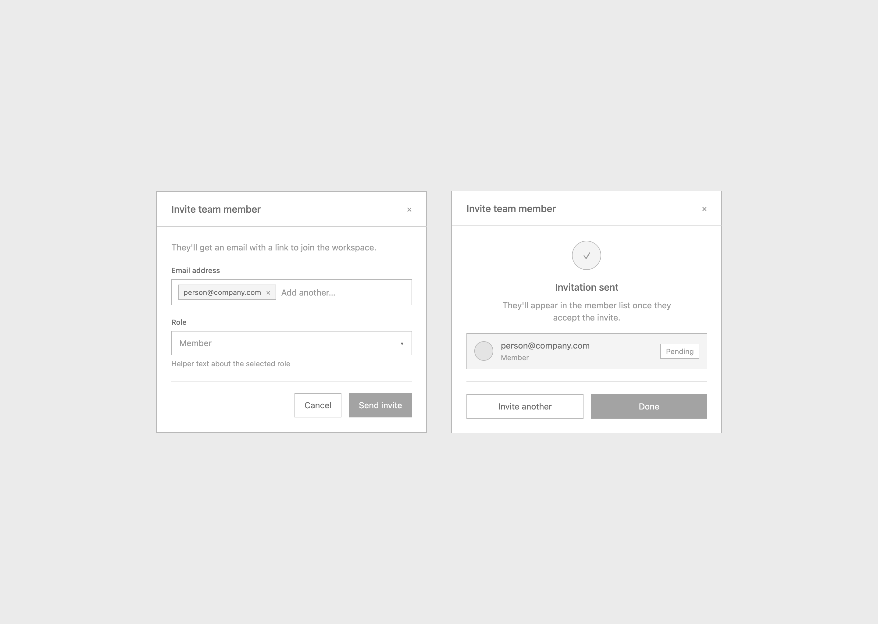Low-fidelity wireframe of an invite team member form and invitation sent state