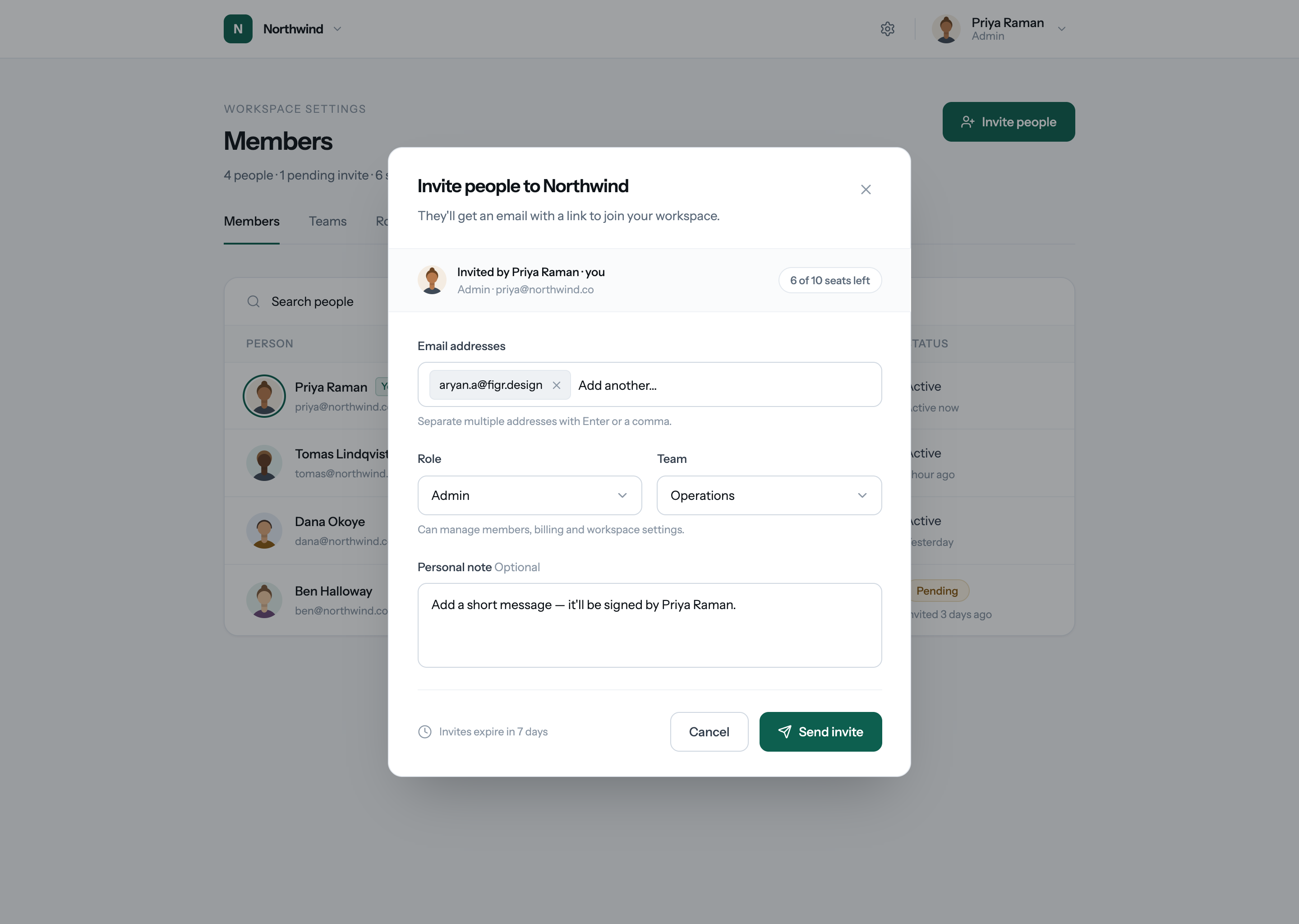 High-fidelity invite team member form for the Northwind workspace