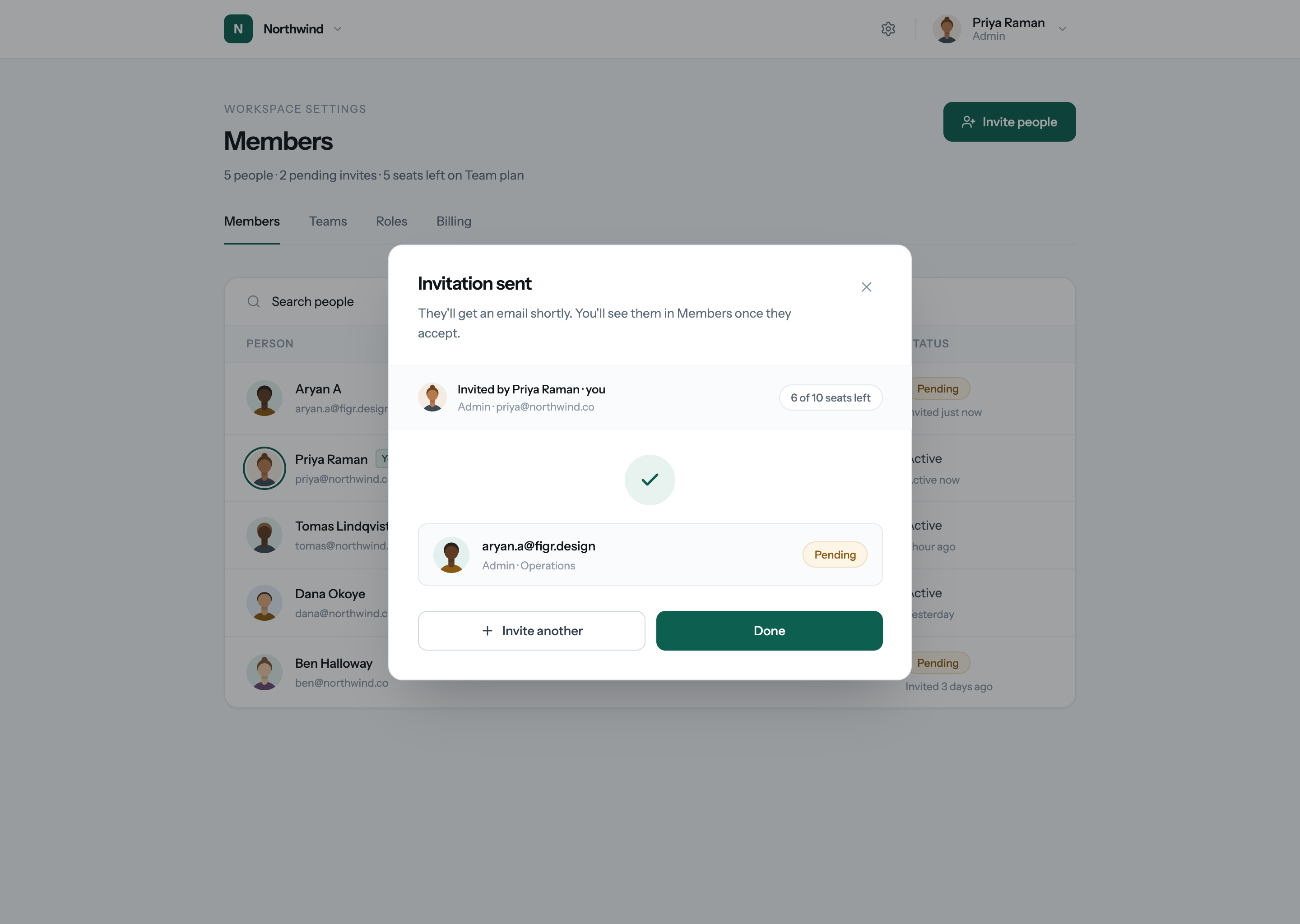 High-fidelity invitation sent success state for the Northwind workspace