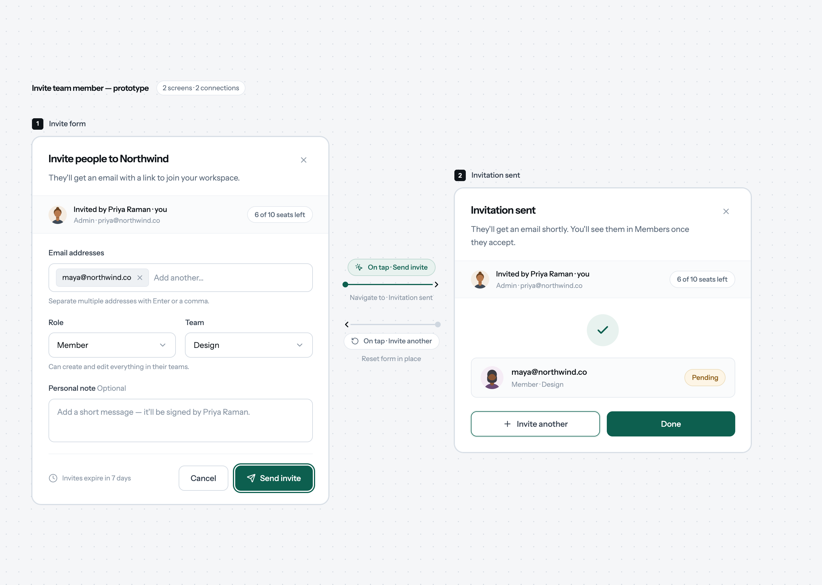 Prototype flow connecting an invite form to the invitation sent state