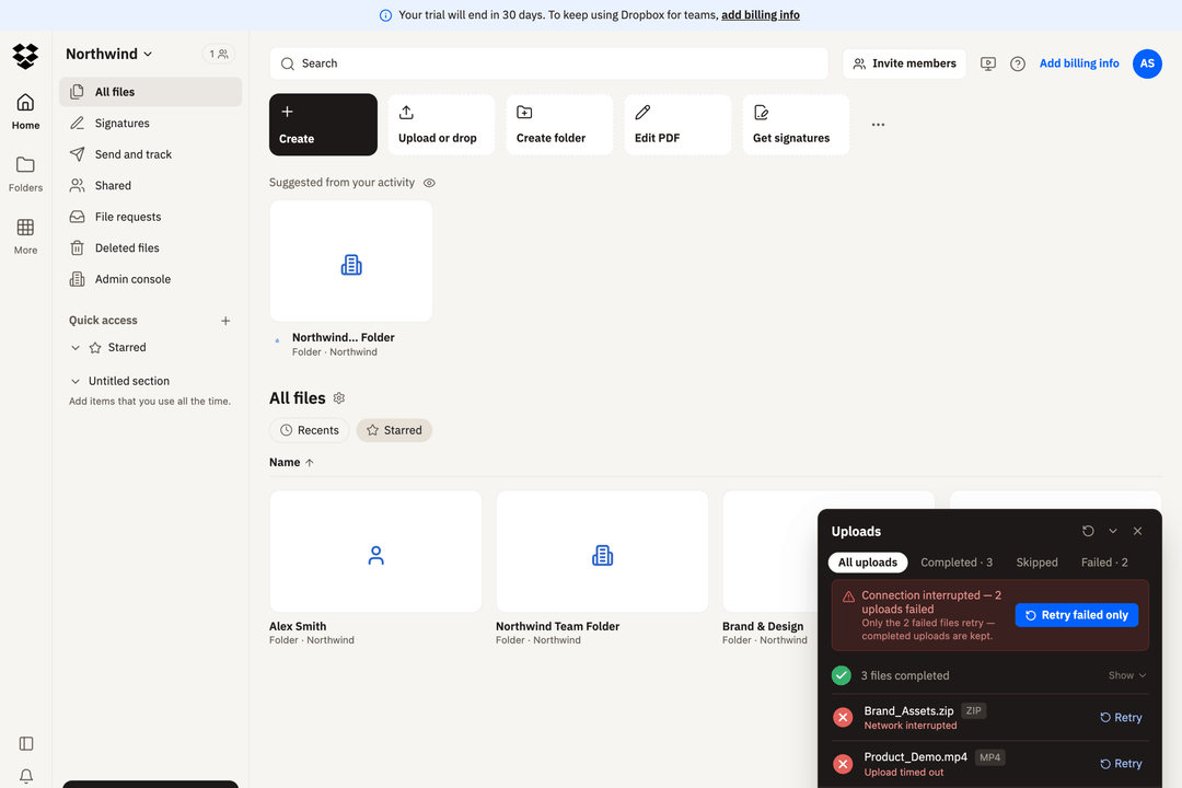 Figr-created Dropbox upload concept with three completed files, two failed files and a Retry failed only action